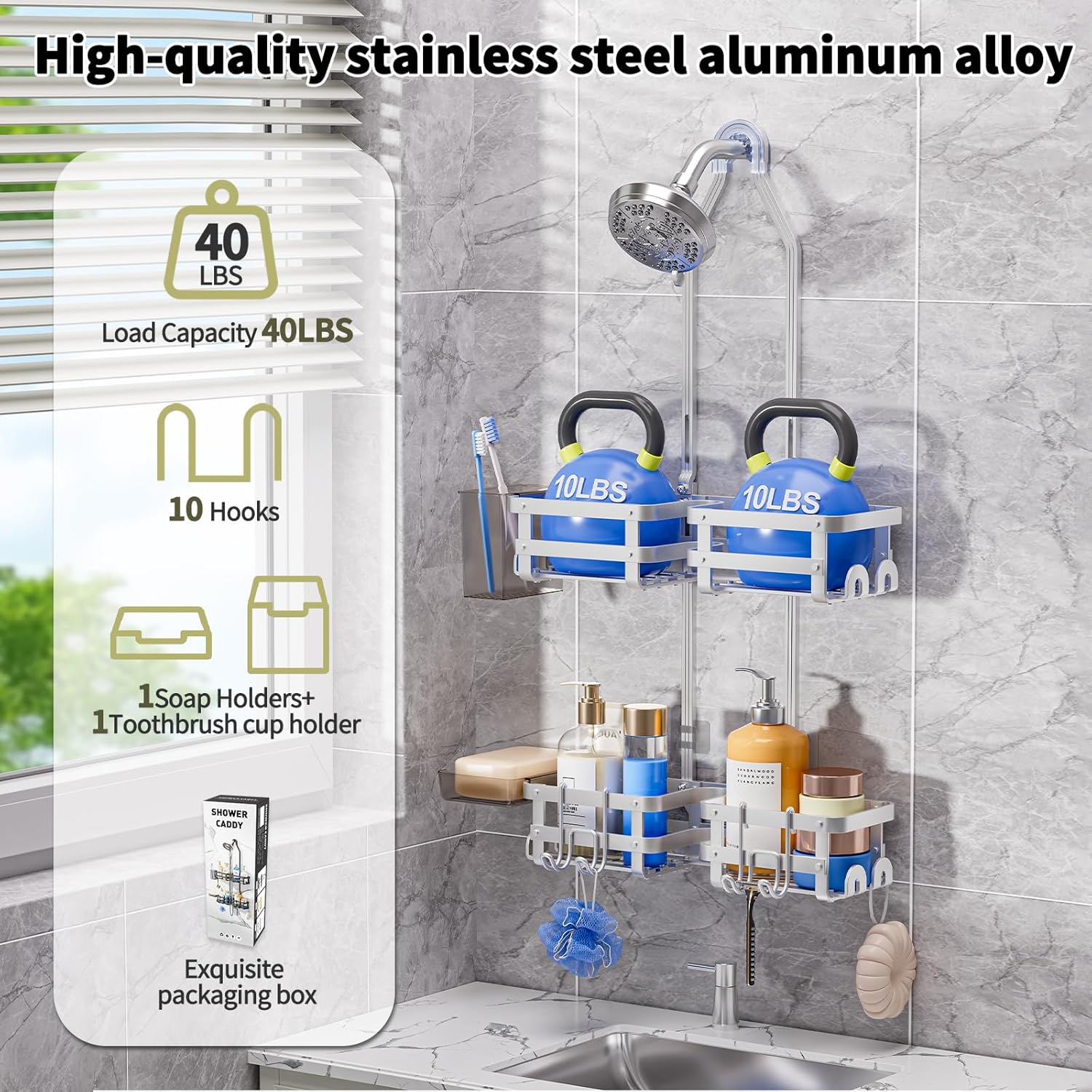 GAOKASE Aluminum Shower Caddy Hanging, Never Rust Shower Organizer- 4 Levels with adjustable Height 10 Hooks for Razor/Sponge - Rack with Soap Basket (Silver) - Image 5