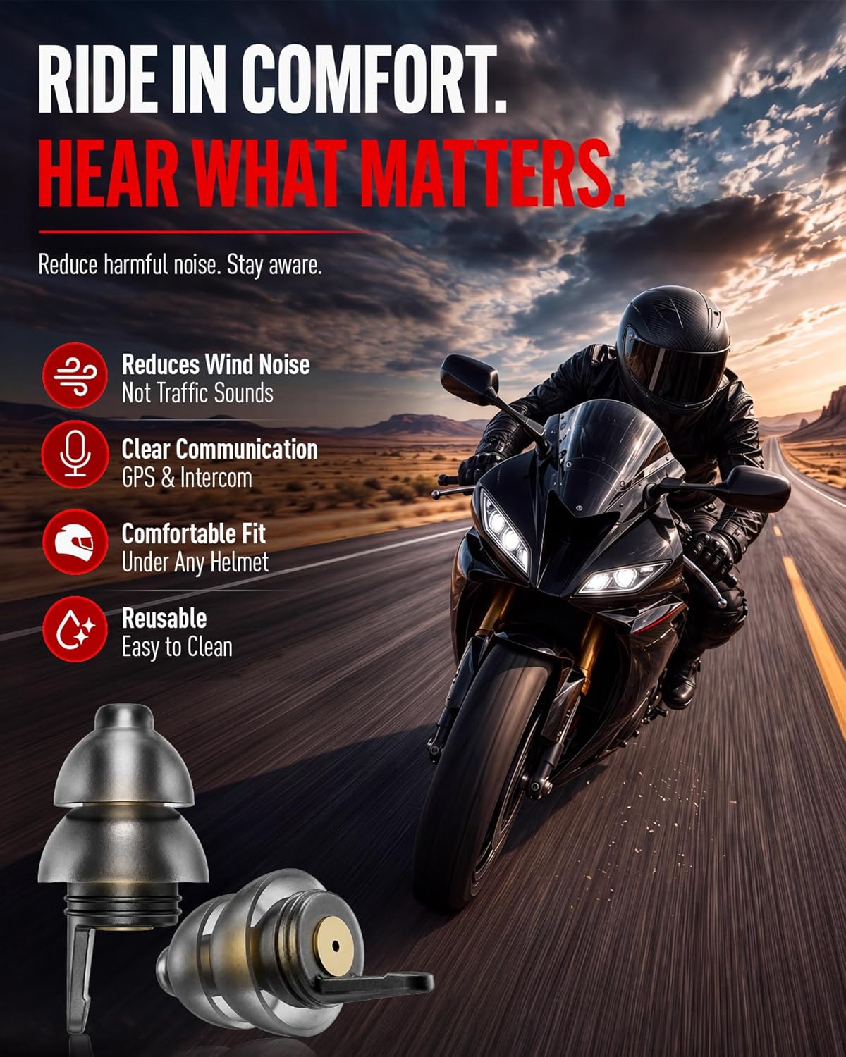 Motorcycle Ear Plugs for Wind Noise Reduction, 2 Pairs Reusable Motorcycle Accessories - Moto Earplugs, Soft Comfortable Hearing Protection for Motorbike, Touring, Racing, Riding - 25dB, Biker Gifts - Image 3