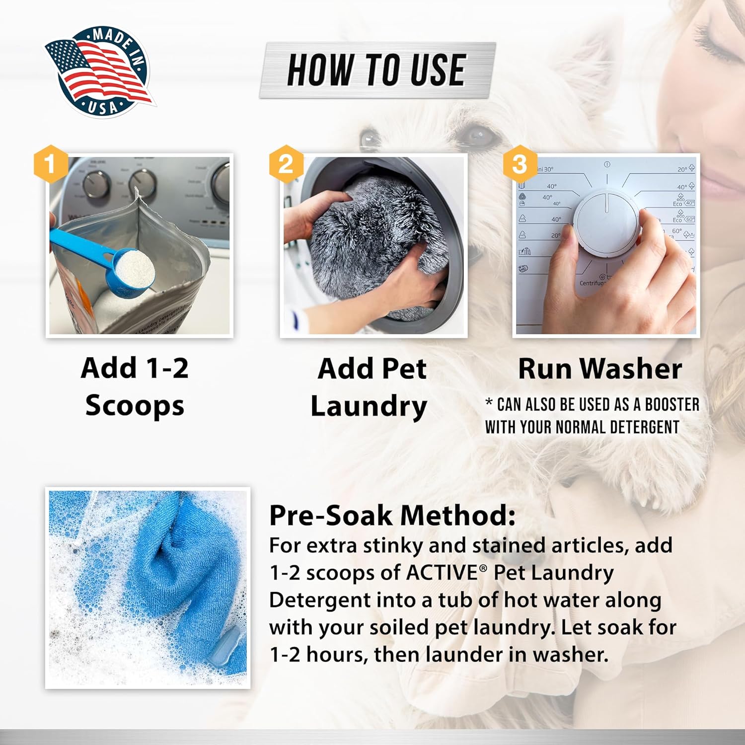 Pet Laundry Detergent Odor Remover - ACTIVE Enzyme Based Powder Detergent for Dogs Beds, Cat Pee, HE Washer Friendly Natural Enzymatic Deodorizer, Urine, Smell, Dog Drool, Stain Eliminator - 64 Loads - Image 7