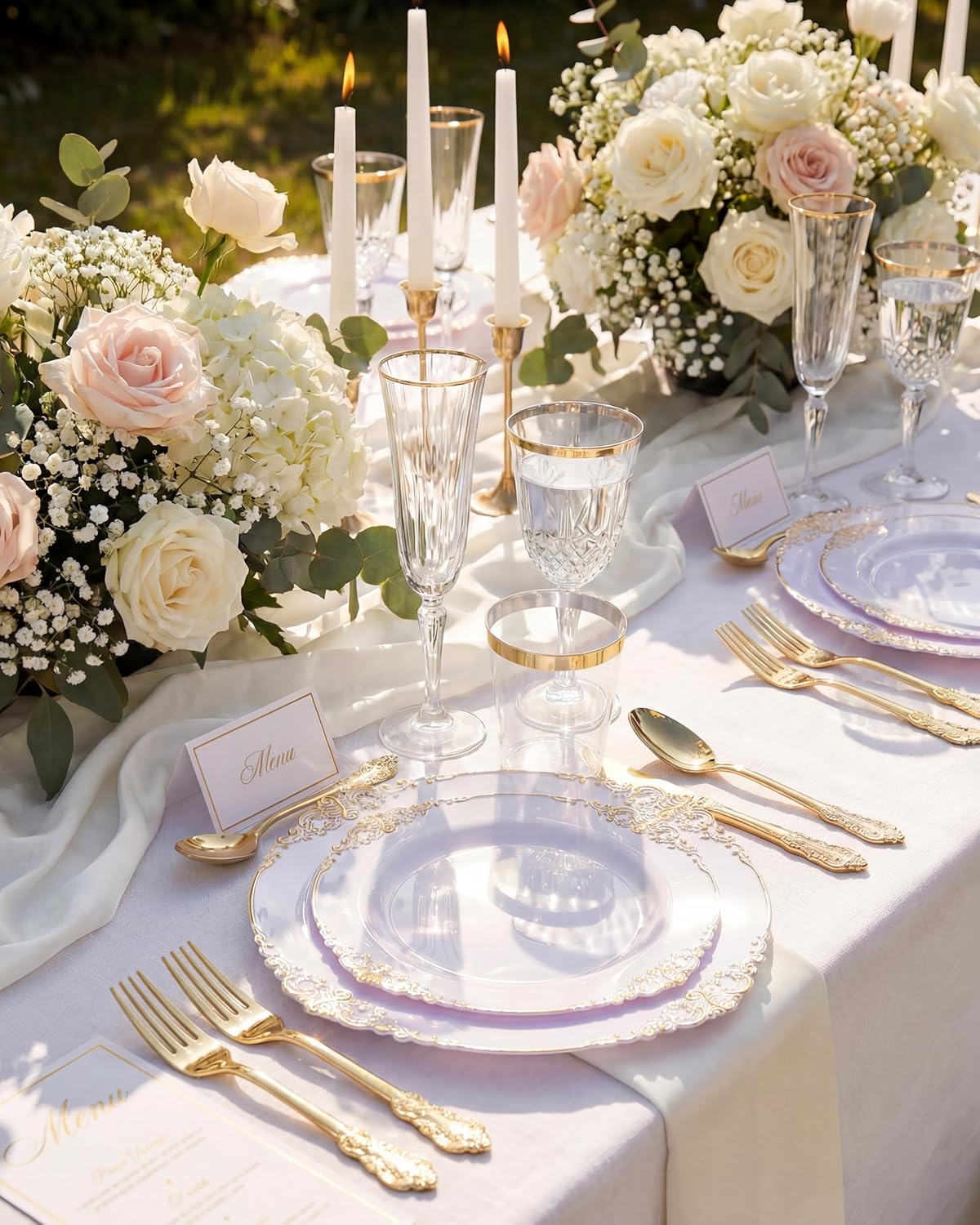Nervure 350PCS Gold Plastic Plates - Gold Plastic Dinnerware Sets for 50 Guests - 100 Disposable Plates, 150 Silverware, 50 Cups, 50 Napkins for Wedding & Party - Image 3