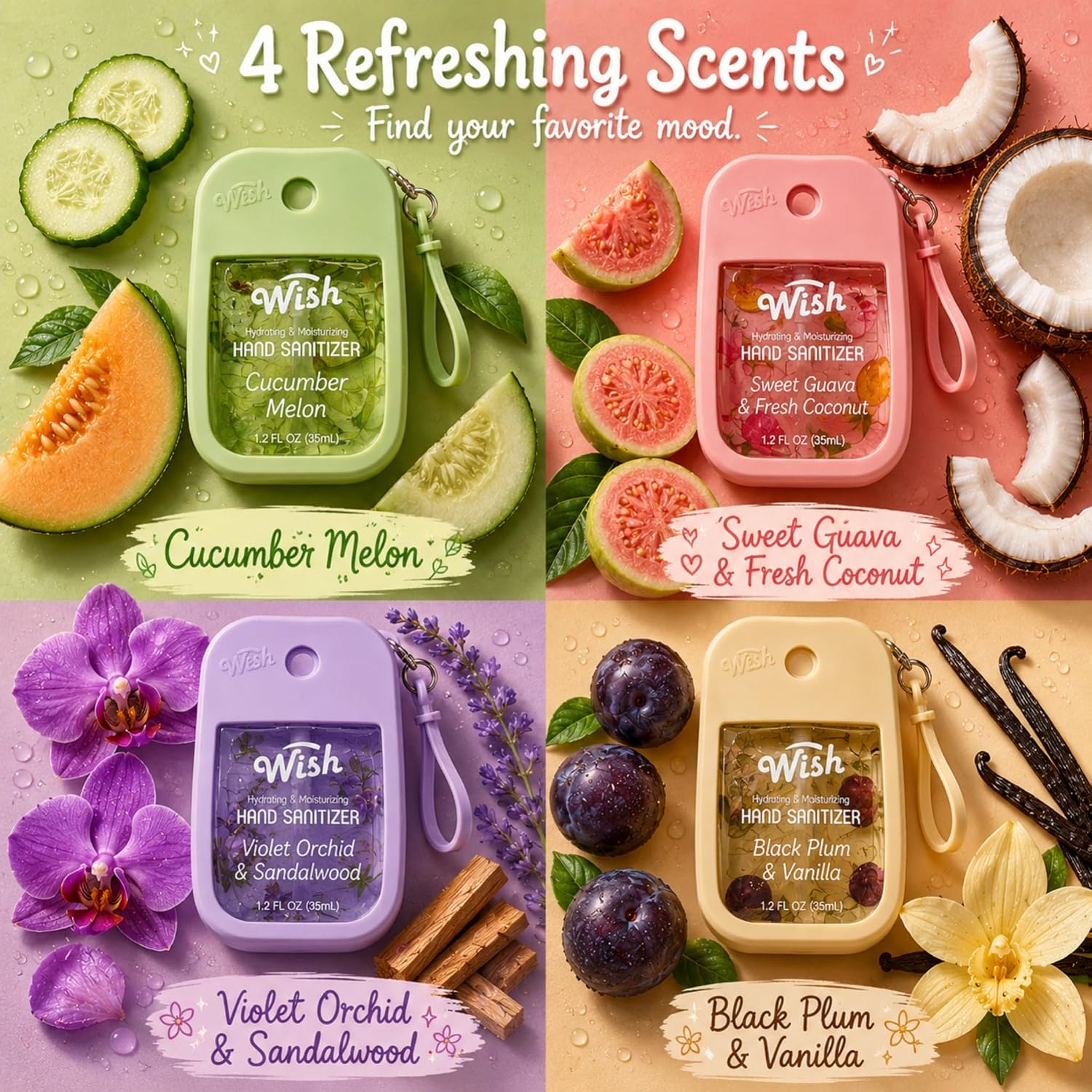 Wish Hand Sanitizer Spray Travel Size - Power Mist Hydrating Hand Sanitizer with Keychain and Case - Cute Portable Pocket Spray for Purse Women Girls Trips Bloom Collection - Image 3