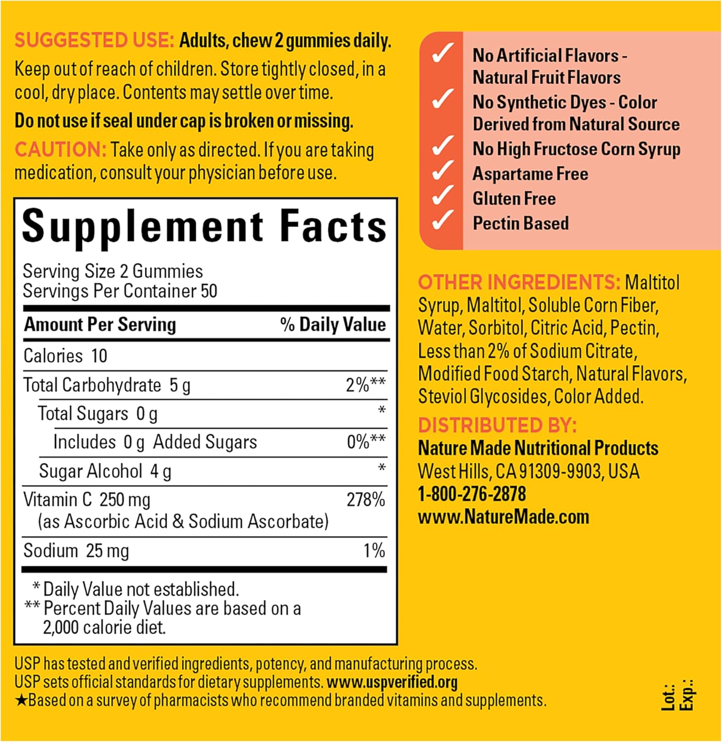 Nature Made Zero Sugar Vitamin C Gummies 250 mg Per Serving, Immune & Antioxidant Support, Aspartame Free, 100 Sugar Free Vitamin C Gummies, 50 Day Supply - Image 9