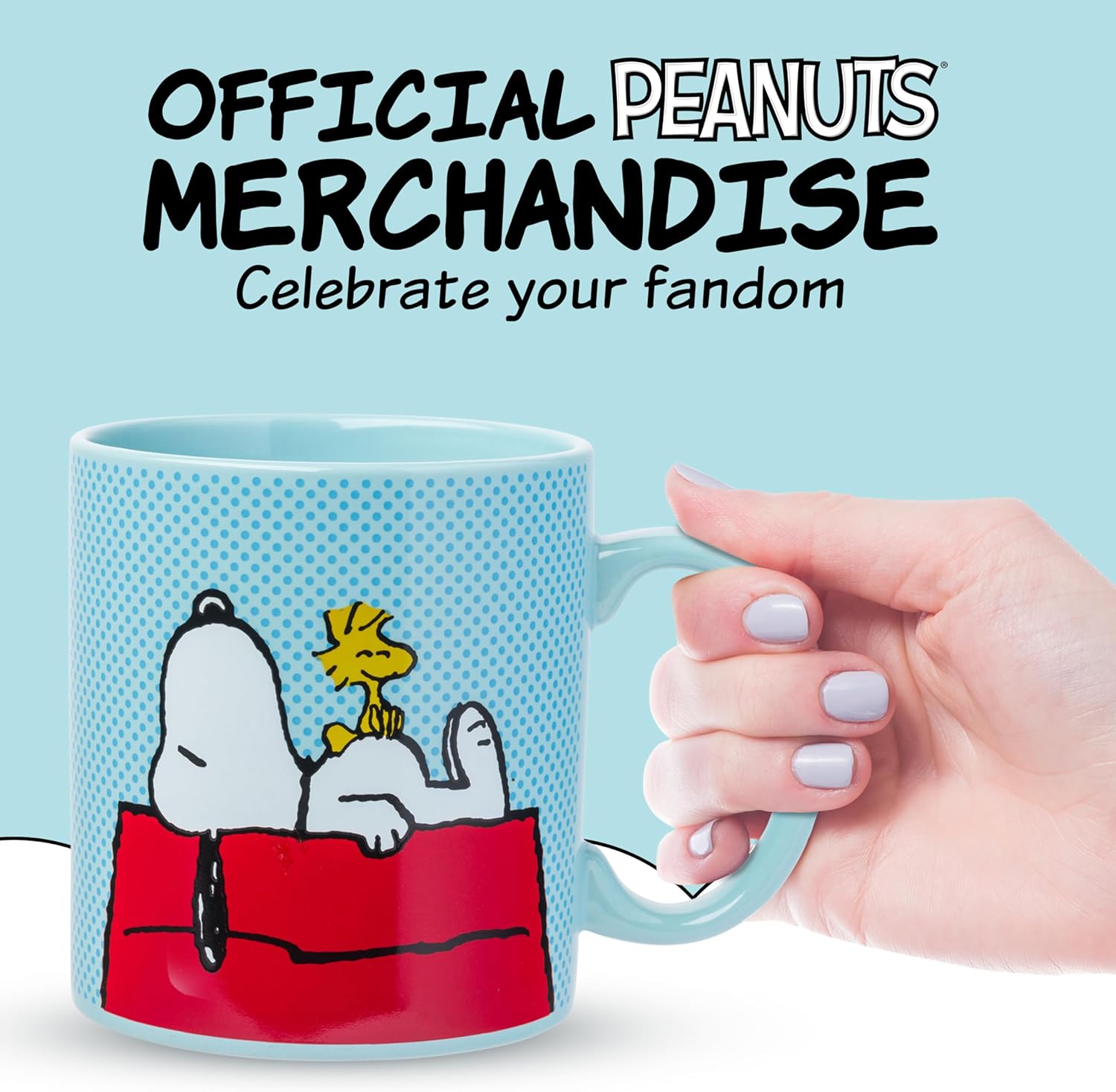Silver Buffalo Peanuts Snoopy and Woodstock on House Blue Dot Background Ceramic Coffee Mug, 20 Ounces - Image 5