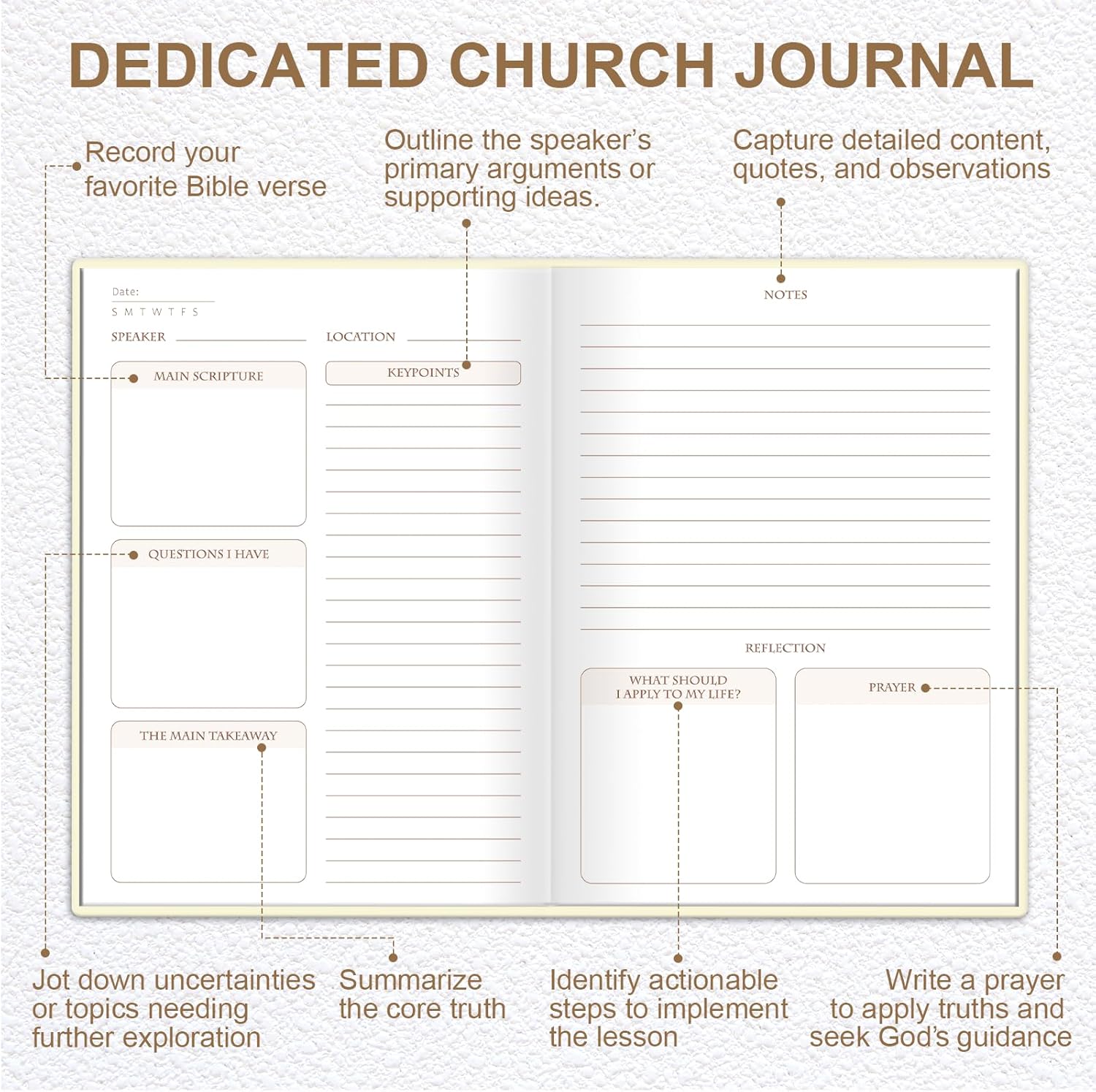 XKDOUS Church Notes Journal, Sermon Notes Christian Notebook, Linen Bible Study Journal, Prayer Journals, Blank Notebook to Writing Key Points and Notes, Christian Gifts for Women Men, Beige - Image 3