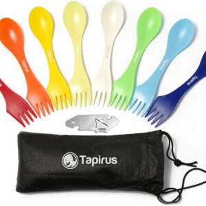 Tapirus – Camping Sporks to Go V8 Set – 7″ BPA Free Plastic Sporks Reusable – Camping Spoon Fork Knife Combo with Bottle Opener & Case – For Hiking, Hunting, Backpacking Utensils, MREs – Pack of 8