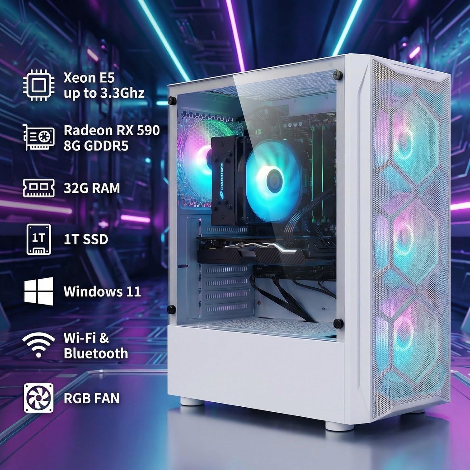 STGAubron Gaming PC Desktop Computer, Intel Xeon E5 2.5G up to 3.3GHz, Radeon RX 590 8G, 32GB RAM, 1TB SSD, WiFi, BT 5.0, RGB Fan x4, Windows 11 Home,White - Image 3