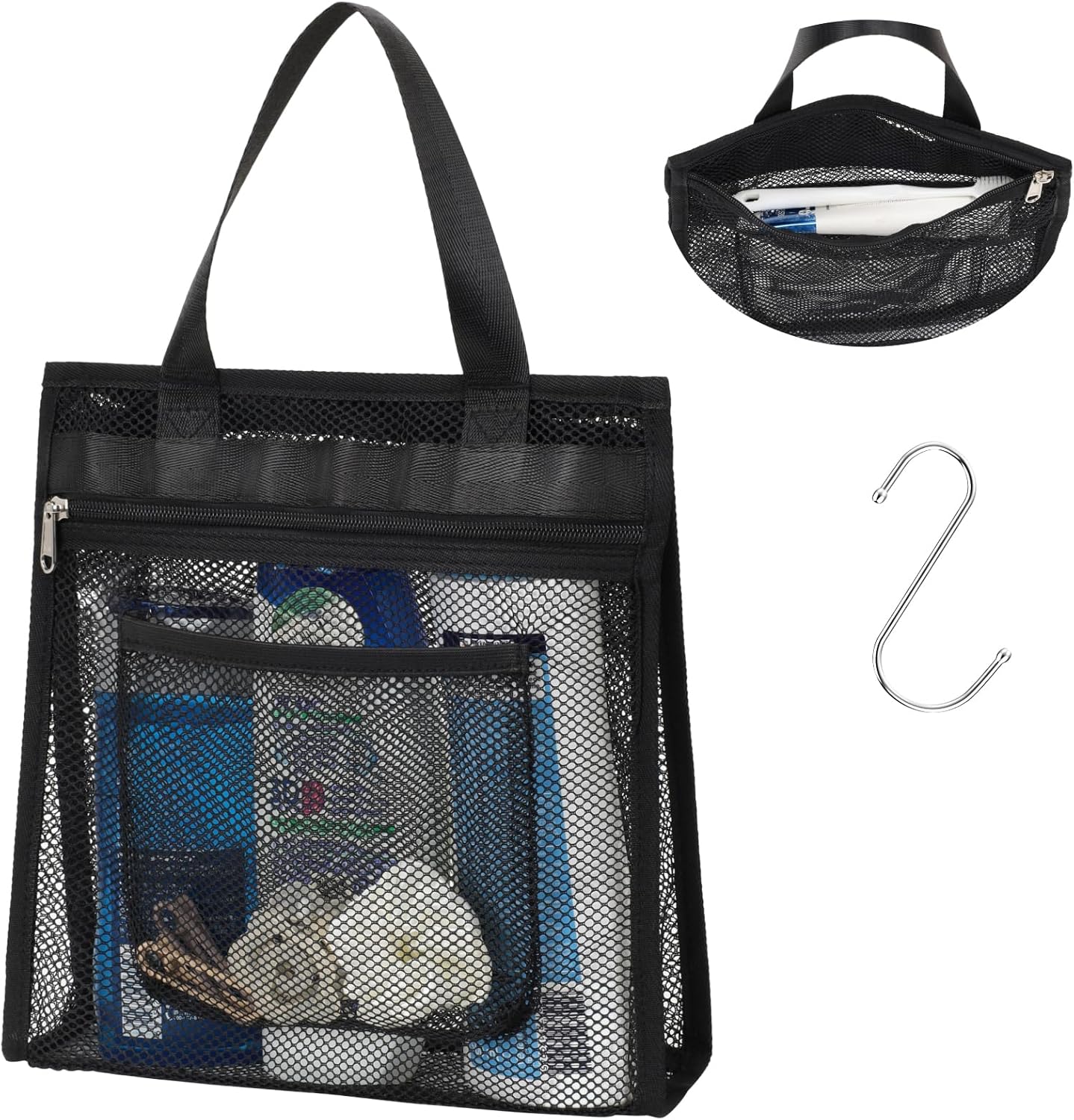 F-color Mesh Shower Caddy Portable Hanging - 3 Pockets Small Shower Bag Tote with Zipper Closure for Camping, Gym Lockers, Travel, Toiletry, Quick Dry Bathroom Essentials with S Hook, Black - Image 2
