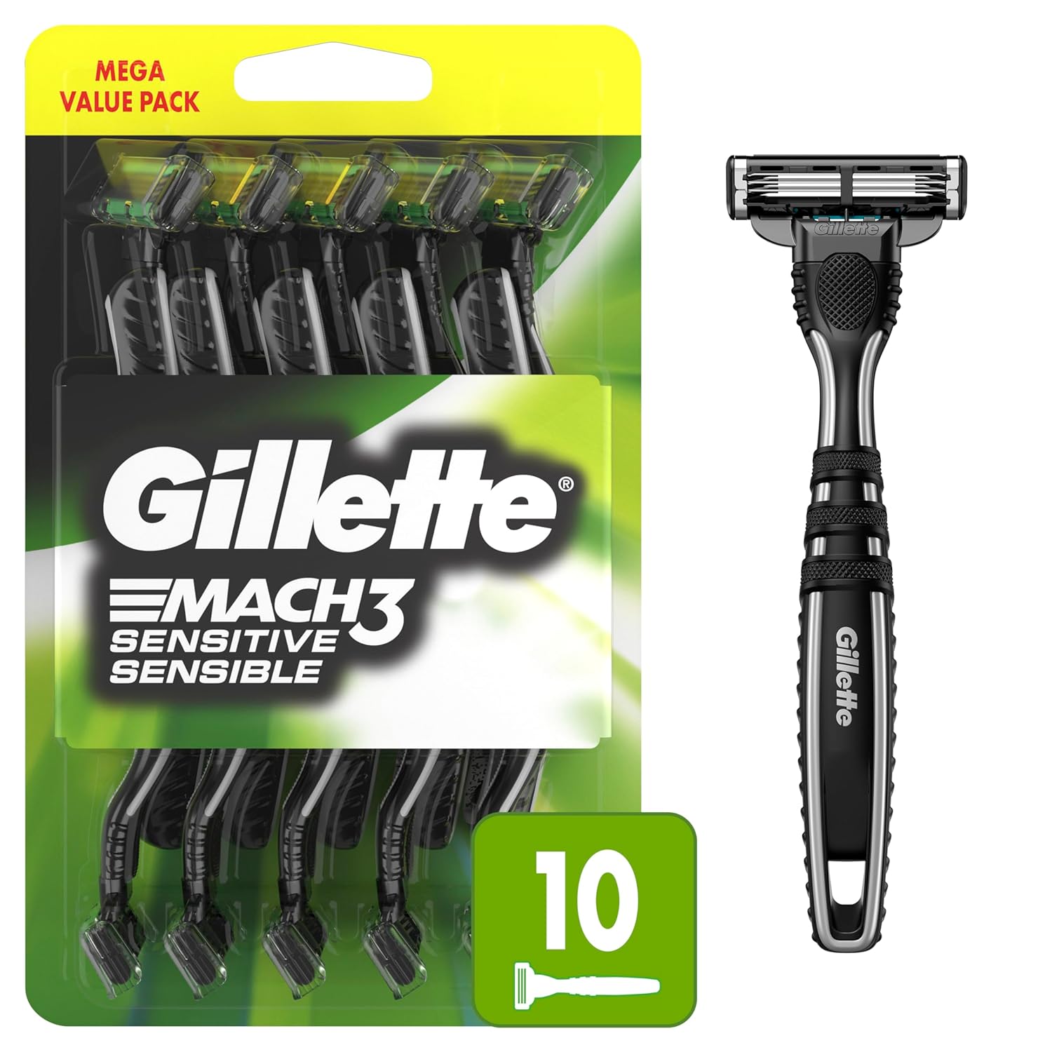 Gillette Mach3 Sensitive Razors for Men, Men’s Disposable Razors, Pivoting Head for Close and Comfortable Shave, 10 Count Gillette Mach3 Sensitive Razors for Men, Men’s Disposable Razors, Pivoting Head for Close and Comfortable Shave, 10 Count