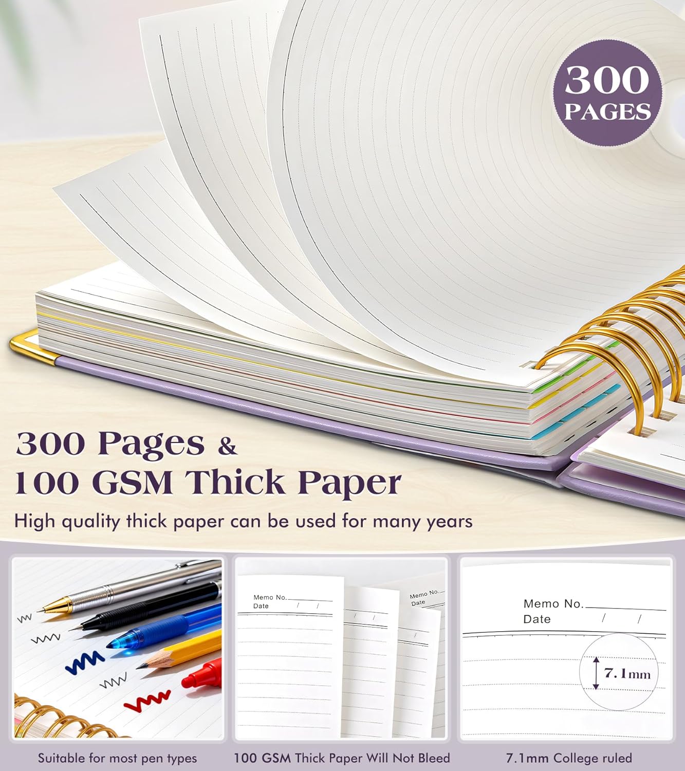 Spiral Notebook Journal with Removable Dividers Tabs, 300 Pages Hardcover Leather 5 Subject College Ruled Notebook, 8"x10" Large B5 Lined Journal for Women Men, Spiral Notebooks for Work School,Purple - Image 5