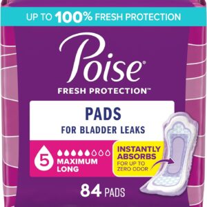 Poise Incontinence & Postpartum Pads for Bladder Leaks, 5 Drop Maximum Absorbency, Long Length, 84 Count, Packaging May Vary