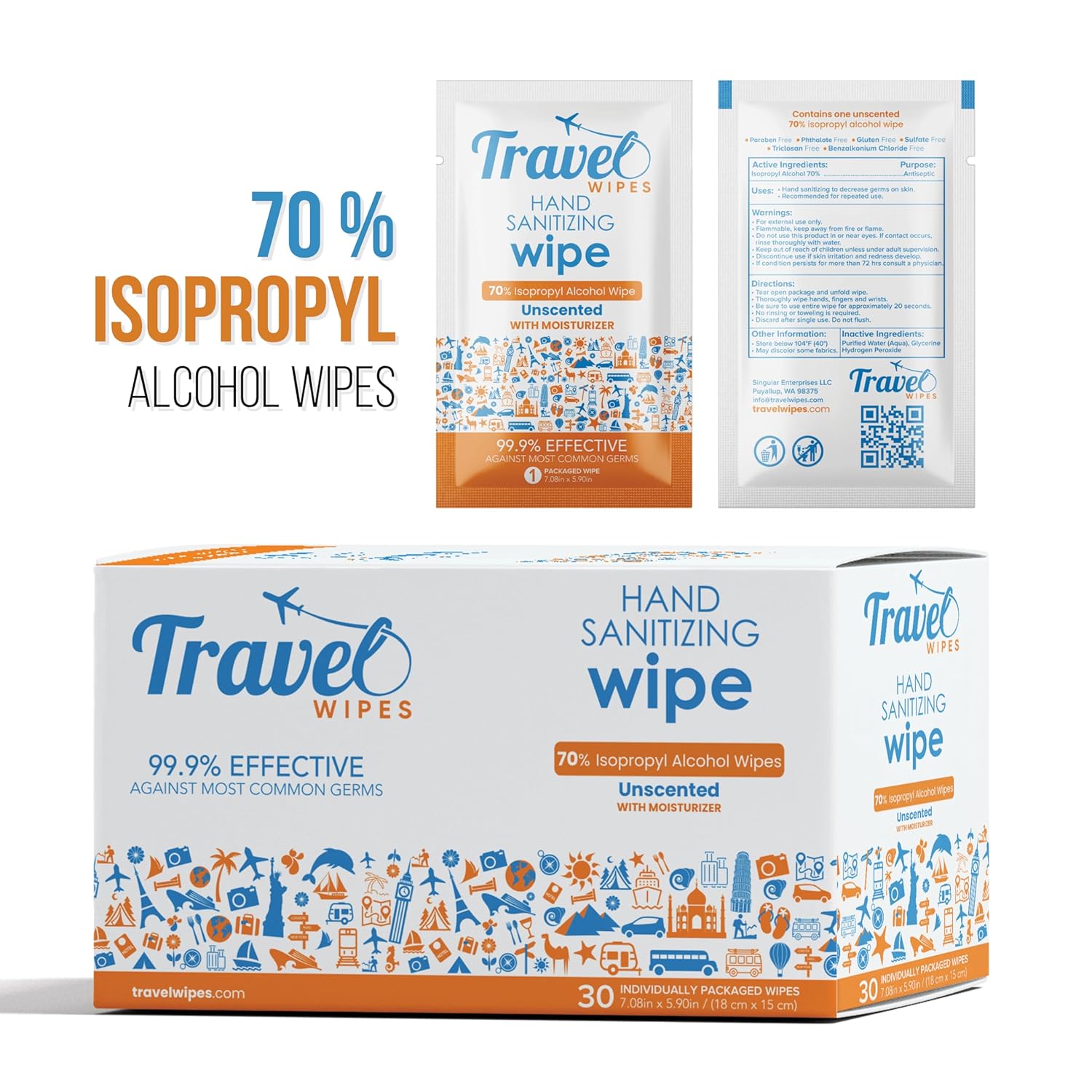 Hand Sanitizing Travel Wipes – 30ct Individually Wrapped | Fragrance-Free, Moisturizing, 70% Isopropyl Alcohol Wipes | Travel, Home, Office, Daily Use - Image 2