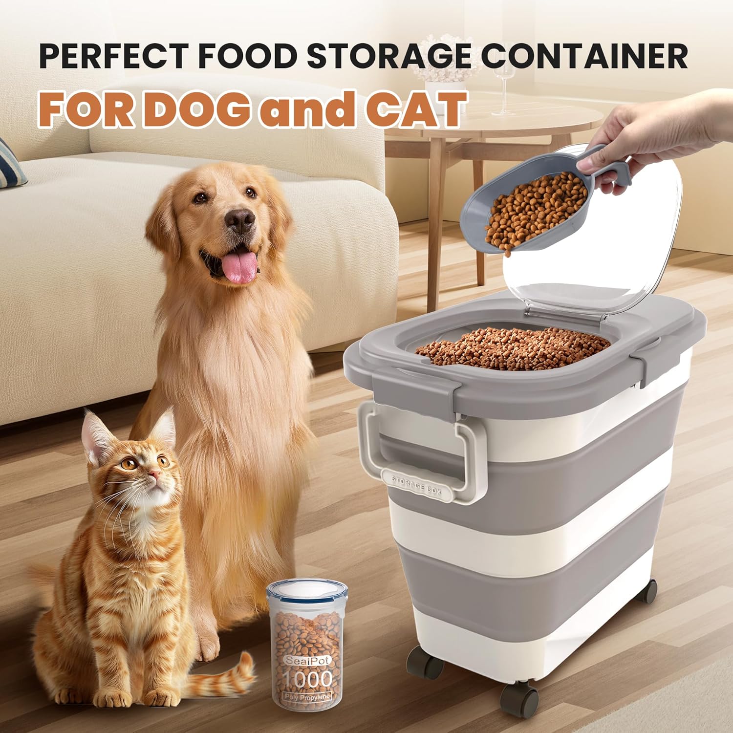 23-25 Lbs Airtight Dog Food Storage Container,Collapsible Dog Food Container with Lid,Wheels,Handle,Large Pet food storage Container with Scoop,Small Food Container for Dog Cat - Image 8