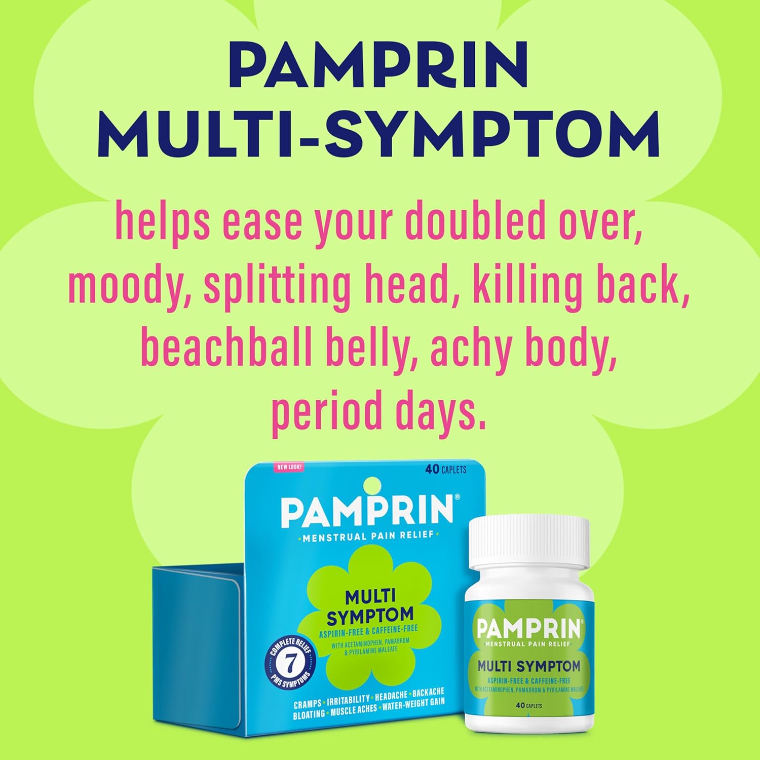 Pamprin Multi-Symptom Formula, with Acetaminophen, Menstrual Period Symptoms Relief including Cramps, Pain, Bloating, and Irritability 40 Caplets - Image 5