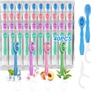 40 Pack 5-in-1 Disposable Toothbrushes with Toothpaste, Travel Toothbrush Set with Floss, Pick & Tongue Scraper, Individually Wrapped Mini Toothbrush for Adults, Work Camping – Mixed Flavor