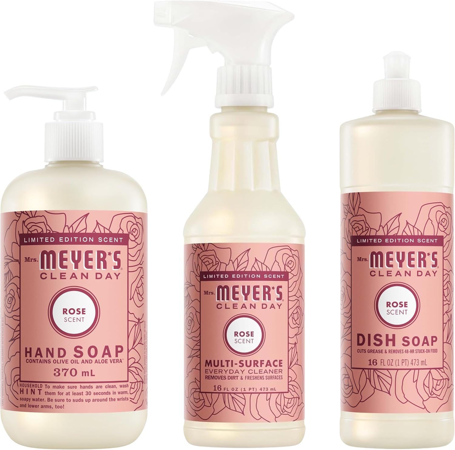 Mrs. MEYER'S Rose Scent Kitchen Basics Set, Dish Soap, Hand Soap, Multi-Surface Everyday Cleaner 3 ct. - Image 2