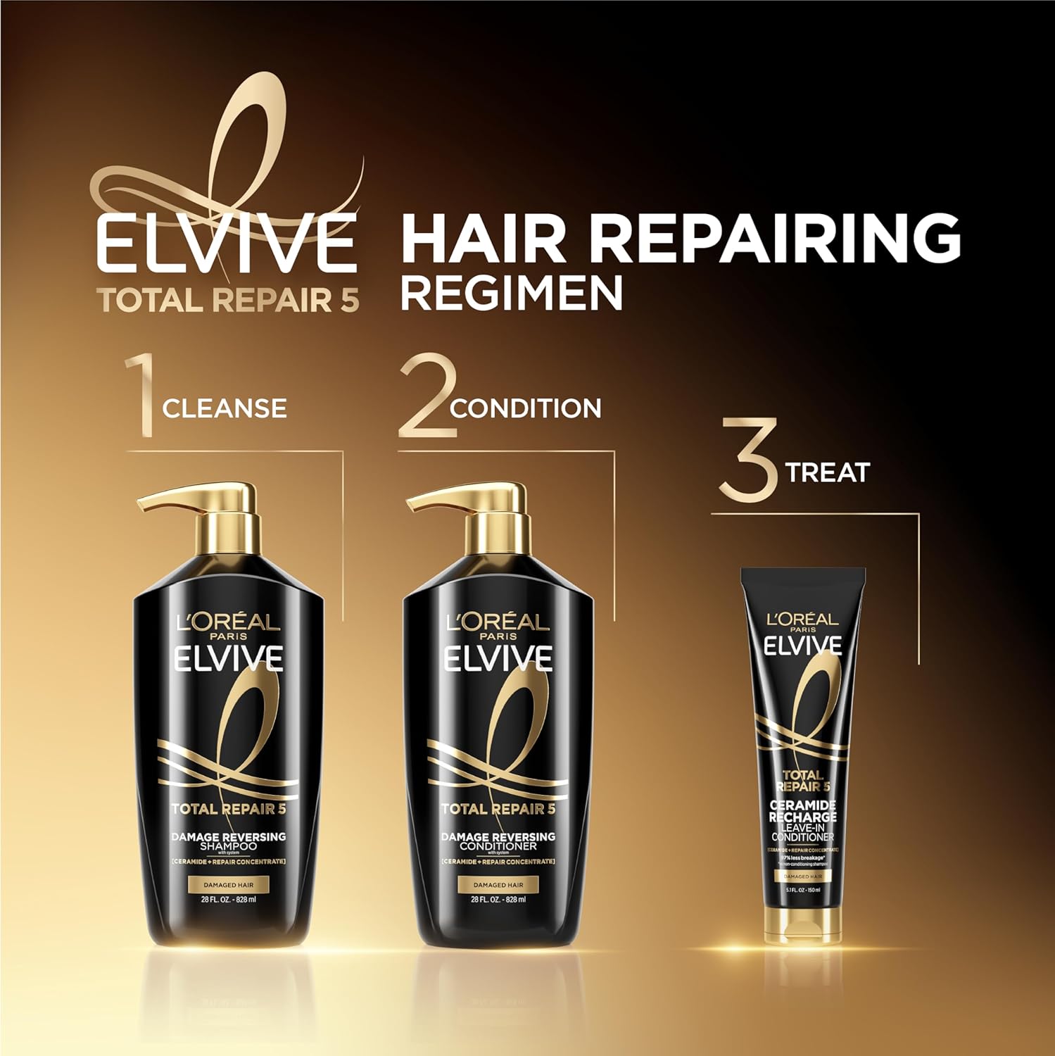 L'Oreal Paris Elvive Total Repair 5 Damage Reversing Shampoo and Conditioner Set for Dry and Damaged Hair, Hair Repair Formula with Protein and Ceramide, 56 Fl Oz Set - Image 10