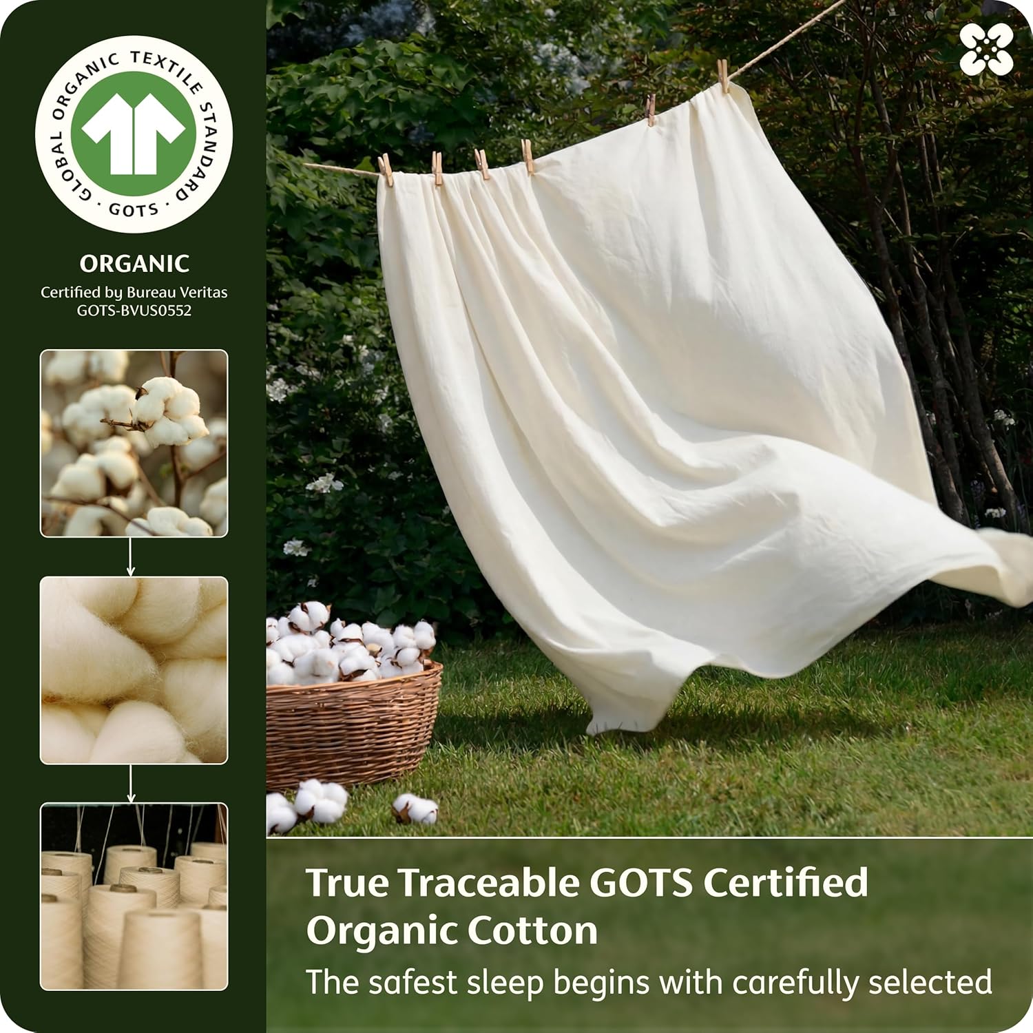 Bedsure 100% GOTS Certified Organic Cotton Sheets, Queen Sheet Set, 17" Deep Pocket Bedsheets with Corner Straps, Eco-Friendly, Soft, Breathable & Luxury PureWoven Cotton Hotel Bedding, 4PCS, Ivory - Image 3