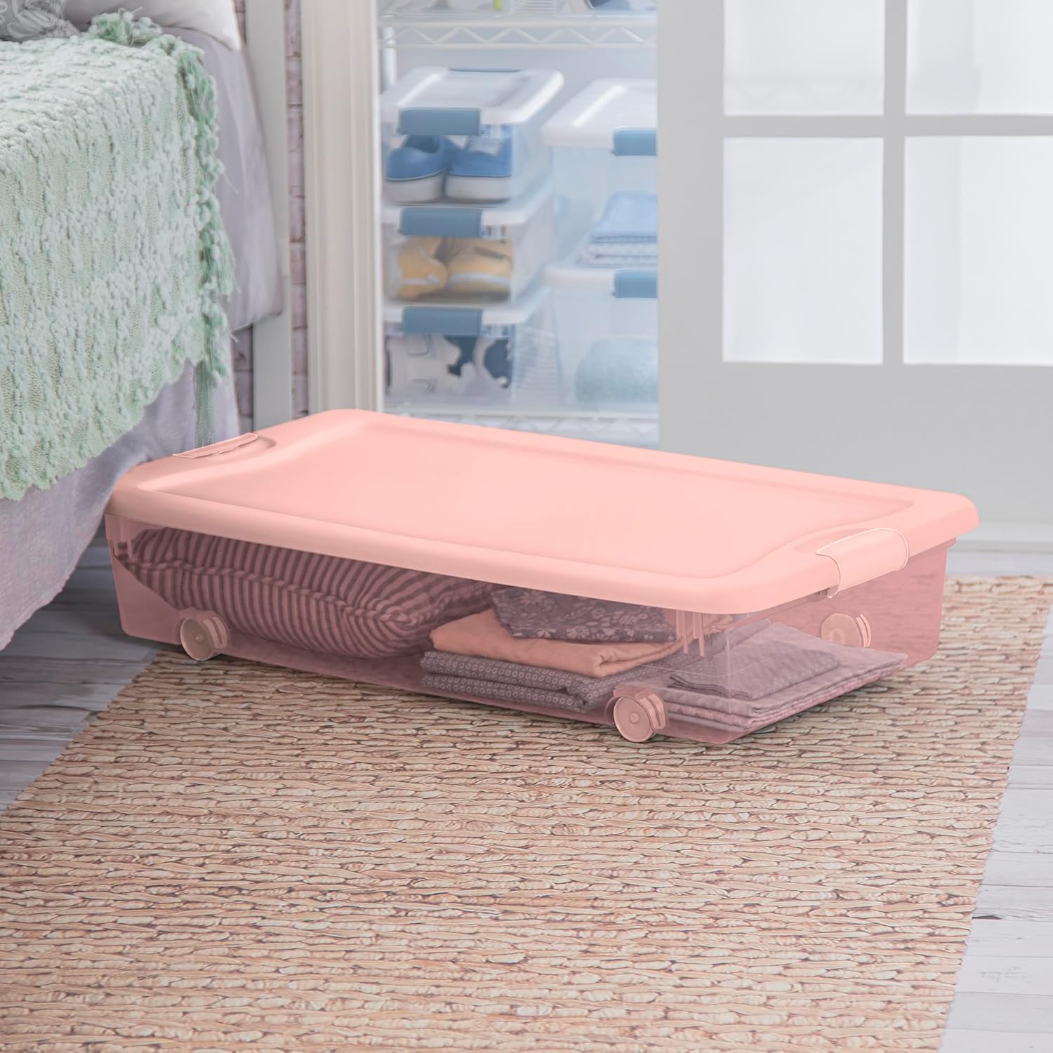 Sterilite 4-Pack 56 Quart Wheeled Latching Box, Underbed Plastic Storage Organizer, Pearl Blush Tint - Under Bed Rolling Container Bin with Lid and Wheels for Home or Dorm Bedrooms and Closets - Image 6