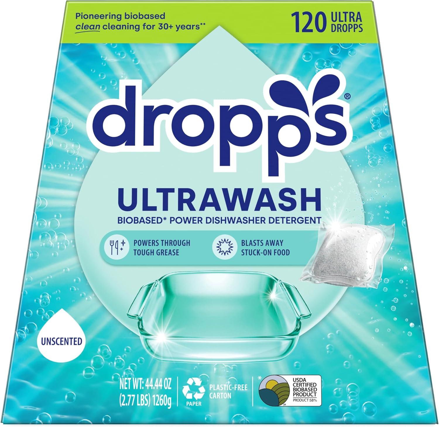 Dropps UltraWash Dishwasher Detergent Pods, Unscented (120 Ct) - Free & Clear | Cuts Grease & Stuck-On Food | Sparkling Dishes & Glasses | Residue-Free | Clean Ingredients | Plastic Free Packaging - Image 2