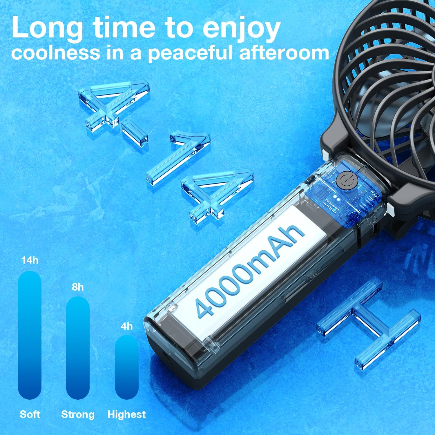 VersionTECH. Portable Handheld Fan, Powerful+Durable+4000mAh+180° Foldable, Mini Table Fans with USB Rechargeable Battery Operated Cooling Accessories for Personal Use, Travel, Office Black - Image 5