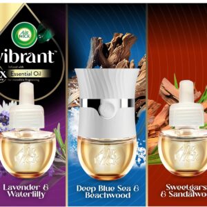Air Wick Vibrant Plug In Scented Oil Warmer + Refills, Infused with Essential Oils, Plug In Air Fresheners for Home, Mixed Pack, Gadget + 3 ct