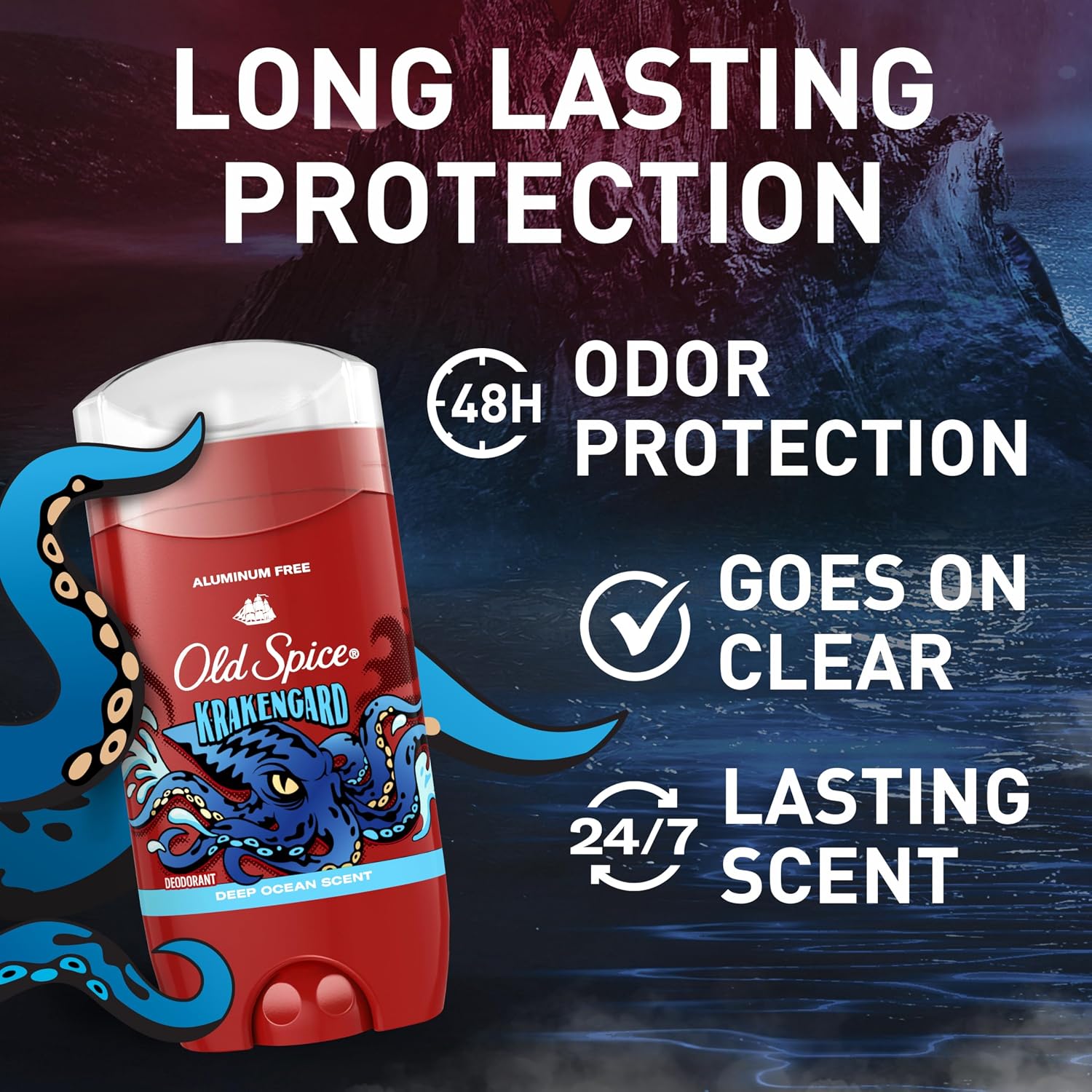 Old Spice Aluminum Free Deodorant for Men, 24/7 Odor Protection, 24/7 Freshness & Lasting Scent, Goes on Clear, Krakengard with Deep Ocean Scent, 3.0 oz (Pack of 2) - Image 3
