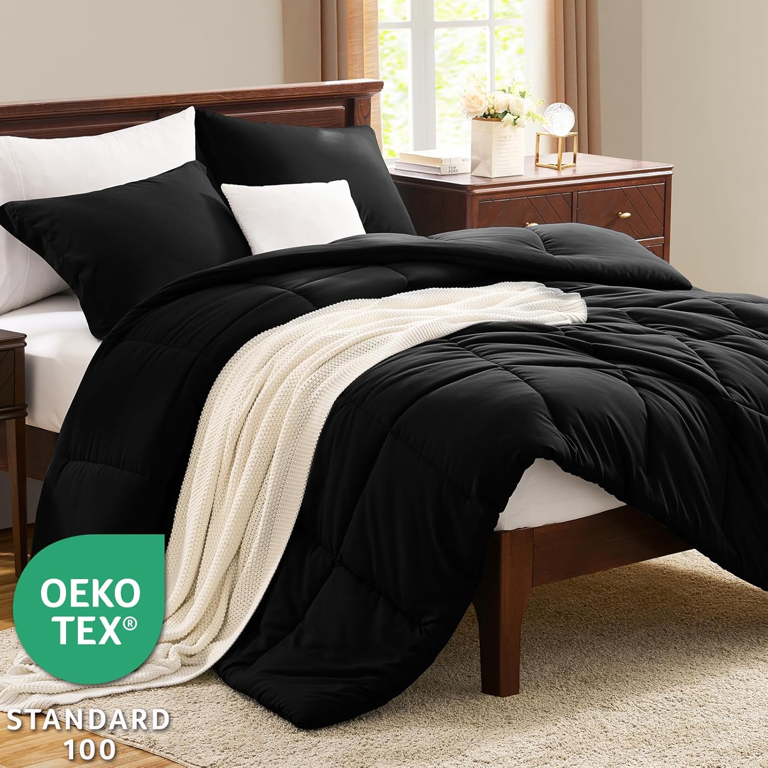 CozyLux Queen Comforter Set Black - 270GSM 3 Pieces Box Stitched Comforters Queen Size, Soft Bed Set for All Seasons, Lightweight Bedding Sets with 1 Down Alternative Comforter and 2 Pillow Shams - Image 4