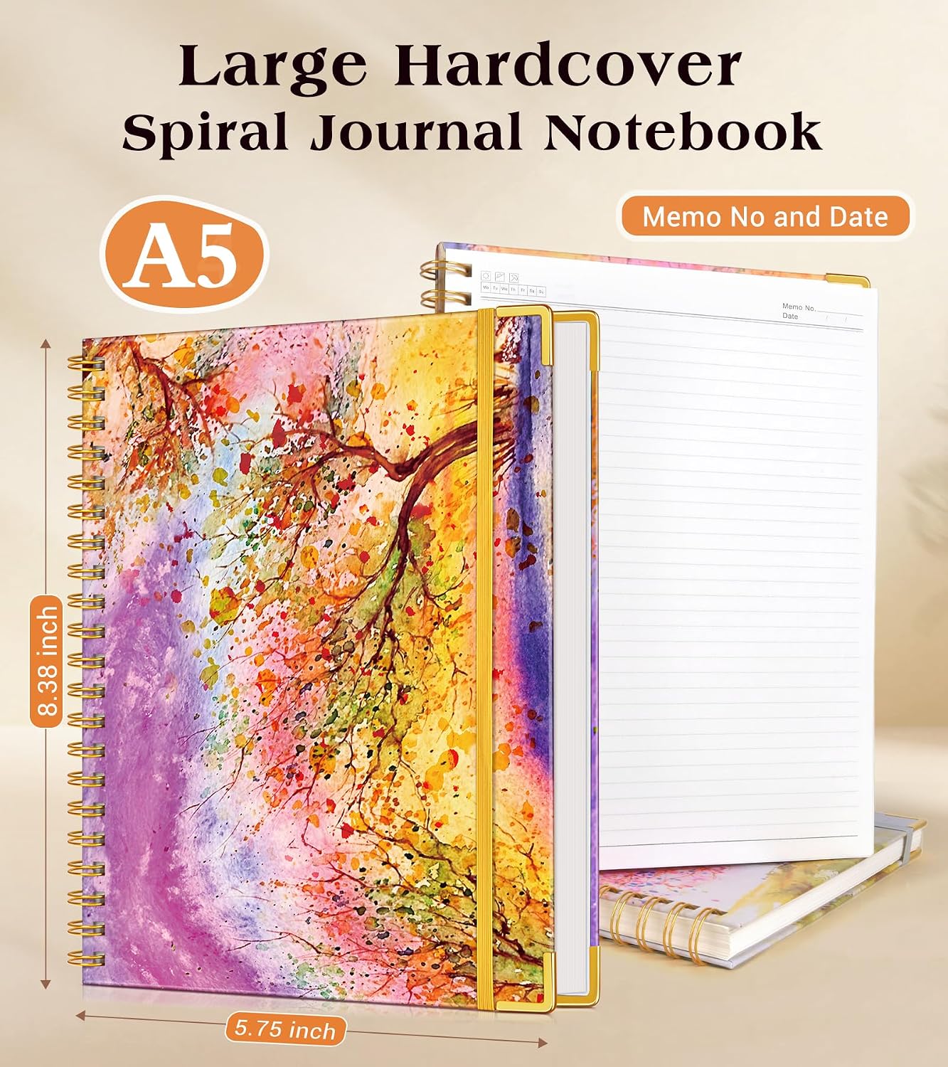 Lined Spiral Notebook Journal for Women, 150 Pages Cute Notebooks 5.75” x 8.38”, A5 Hardcover Spiral Journals with 100 GSM Thick Paper, College Ruled Notebook for Writing Work School, Autumn Tree - Image 2