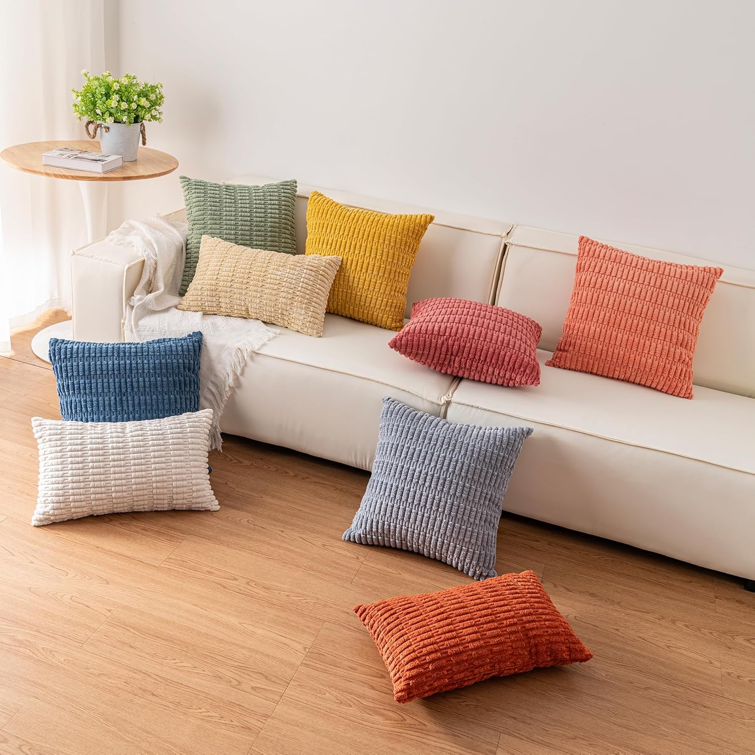 Aegero Pack of 2 Corduroy Decorative Throw Pillow Covers 18x18 Inch Soft Striped Pillow Covers Modern Farmhouse Home Decor for Sofa Living Room Couch Bed(Cream White) - Image 7