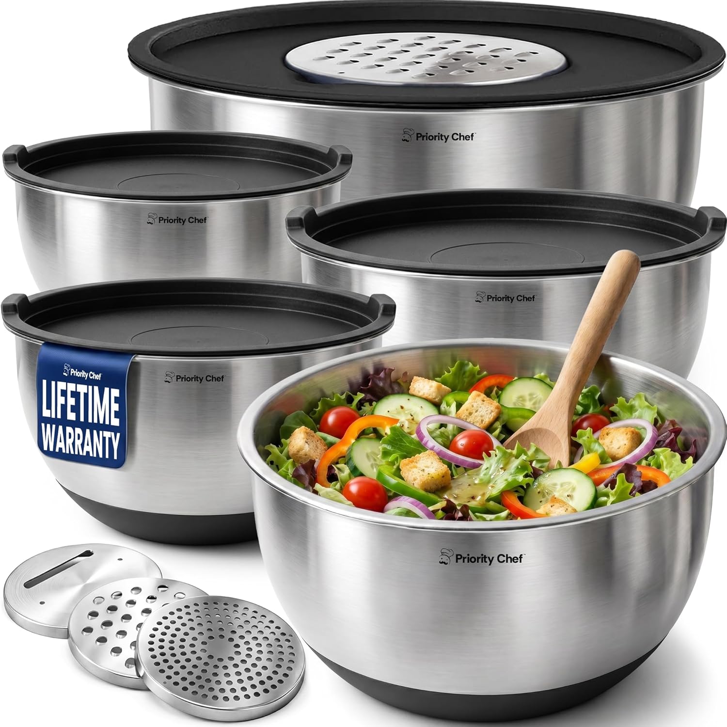 Priority Chef Stainless Steel Mixing Bowls with Lids Set, 3 Grater Attachments, Airtight Lids, Non-Slip Silicone Base Mixing Bowl Set, Large Prep Metal Mixing Bowls for Kitchen, Black - Image 2