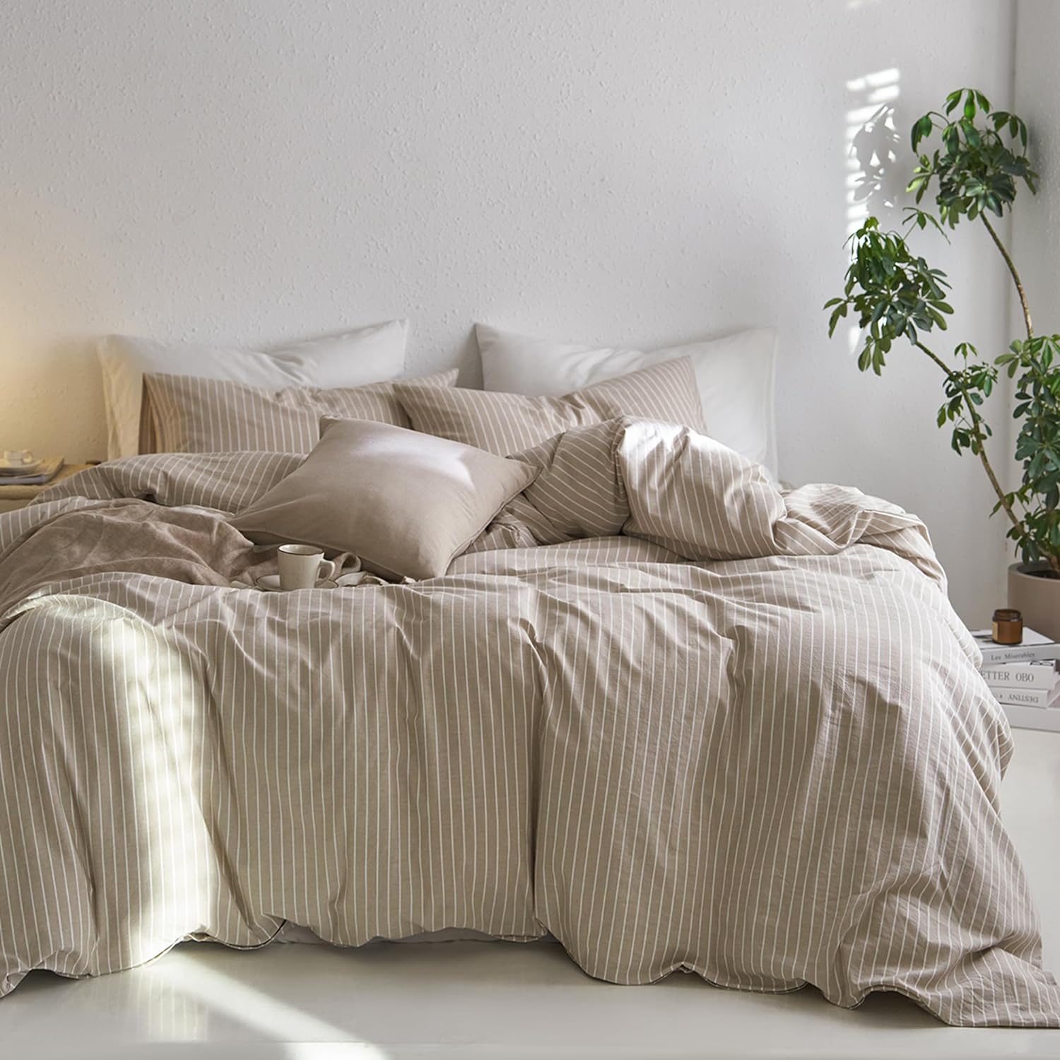MooMee Striped Duvet Cover Set 100% Washed Cotton Linen Like Textured Breathable Durable Soft Comfy (Tannish Linen Grey White Wide Stripes, King 104"x90") - Image 2