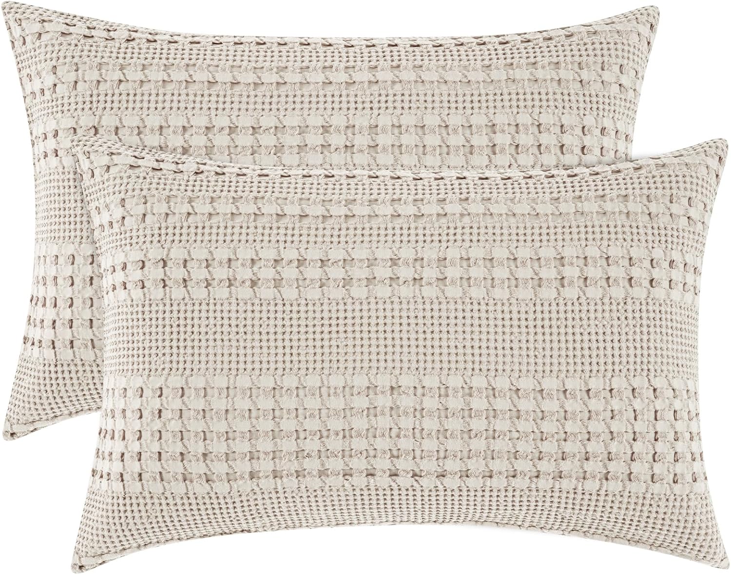 PHF 100% Cotton Waffle Pillow Shams Standard Size, 2 Pack 20" x 26" Soft Skin-Friendly Pillowcases, No Filling, Aesthetic Woven and Breathable Waffle Weave Pillow Case Covers for Bed, Oatmeal - Image 2