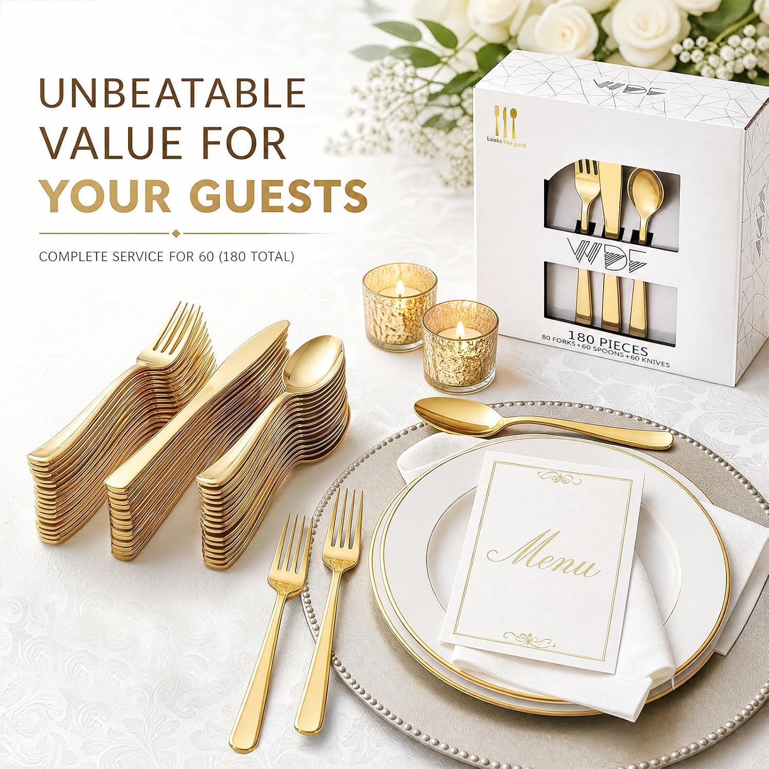 WDF 180 Count Gold Plastic Silverware Set - Heavy Duty Disposable Cutlery (60 Forks, 60 Knives, 60 Spoons) - BPA-Free Gold Flatware for Wedding, Party, Baby Shower, Thanksgiving - Image 3