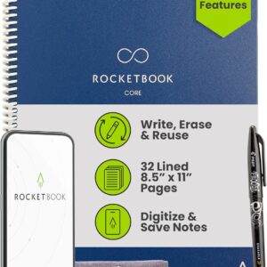 Rocketbook Core Reusable Smart Notebook, Lined Pages For School, Work and Creative Projects, Letter Size 8.5×11, Blue – Premium