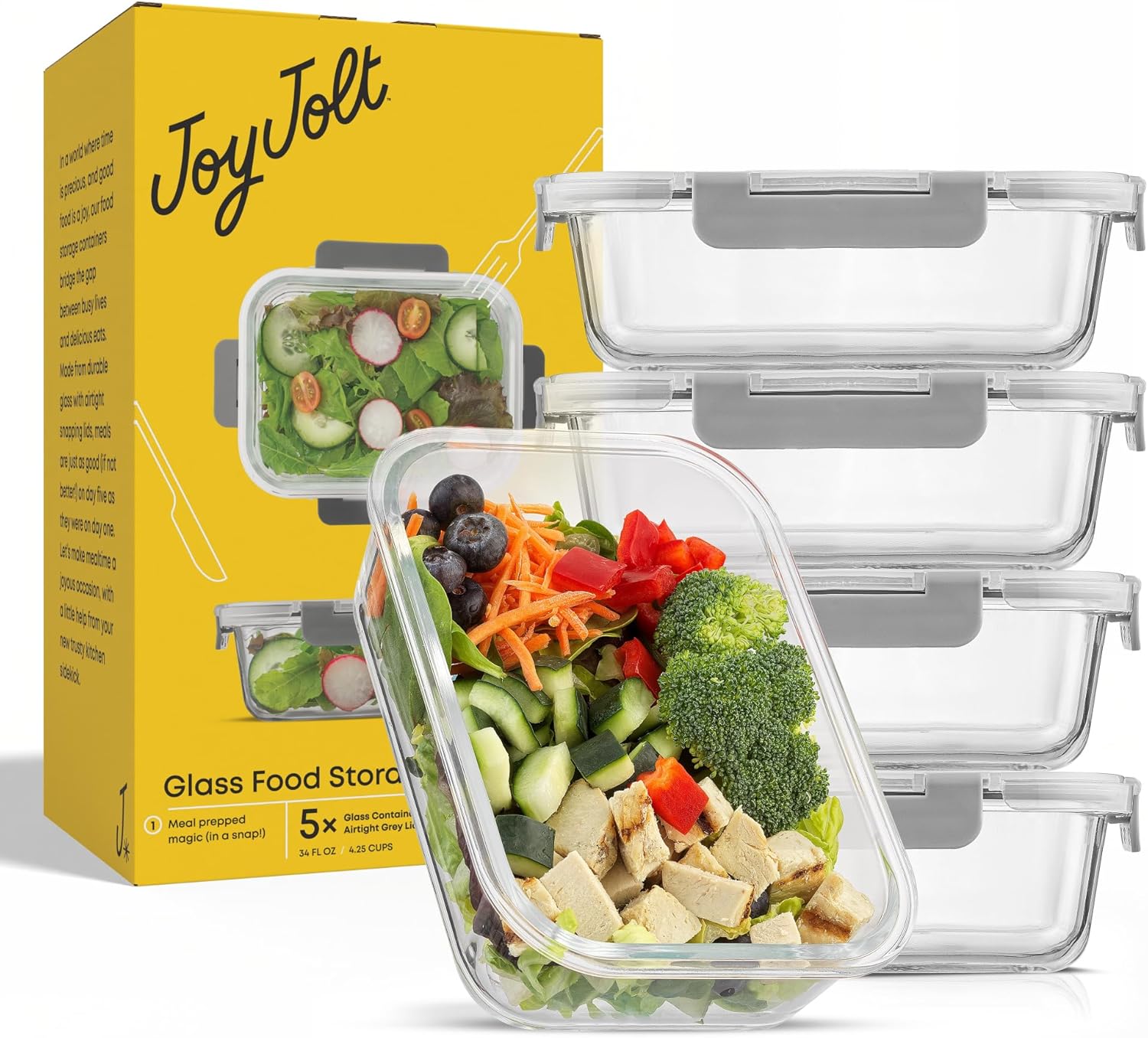 JoyJolt Glass Food Storage Containers with Lids. 5 Pack Glass Meal Prep Containers Reusable 35oz Single Compartment Airtight Container Set. Lunch Containers for Adults and Kitchen Storage Containers - Image 10