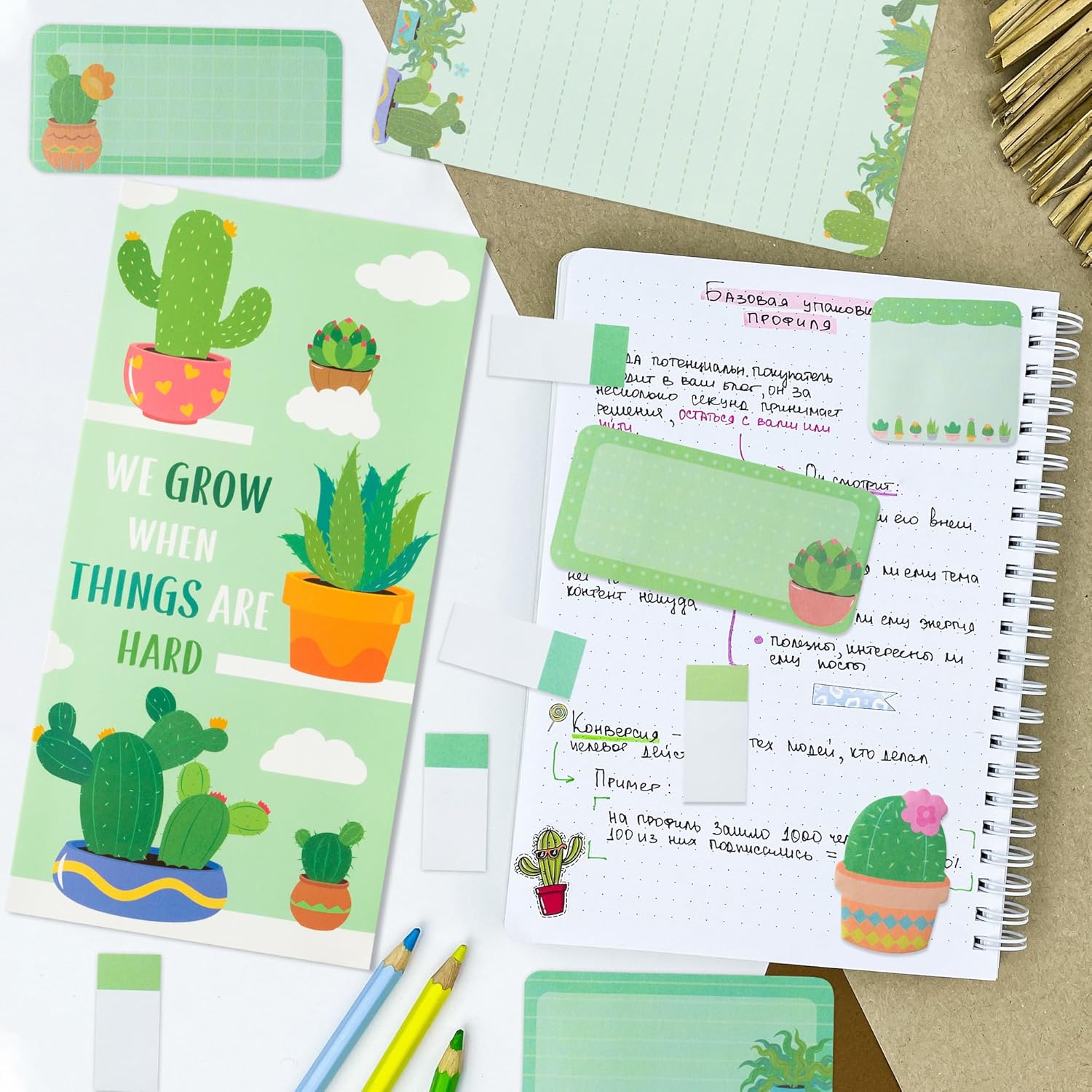 Xqumoi We Grow When Things are Hard Sticky Notes Set, 550 Sheets, Cute Cactus Shaped Self-Stick Notes Pads Plant Divider Tabs Bundle Writing Memo Pads Back to School Office Supplies Small Gift - Image 5
