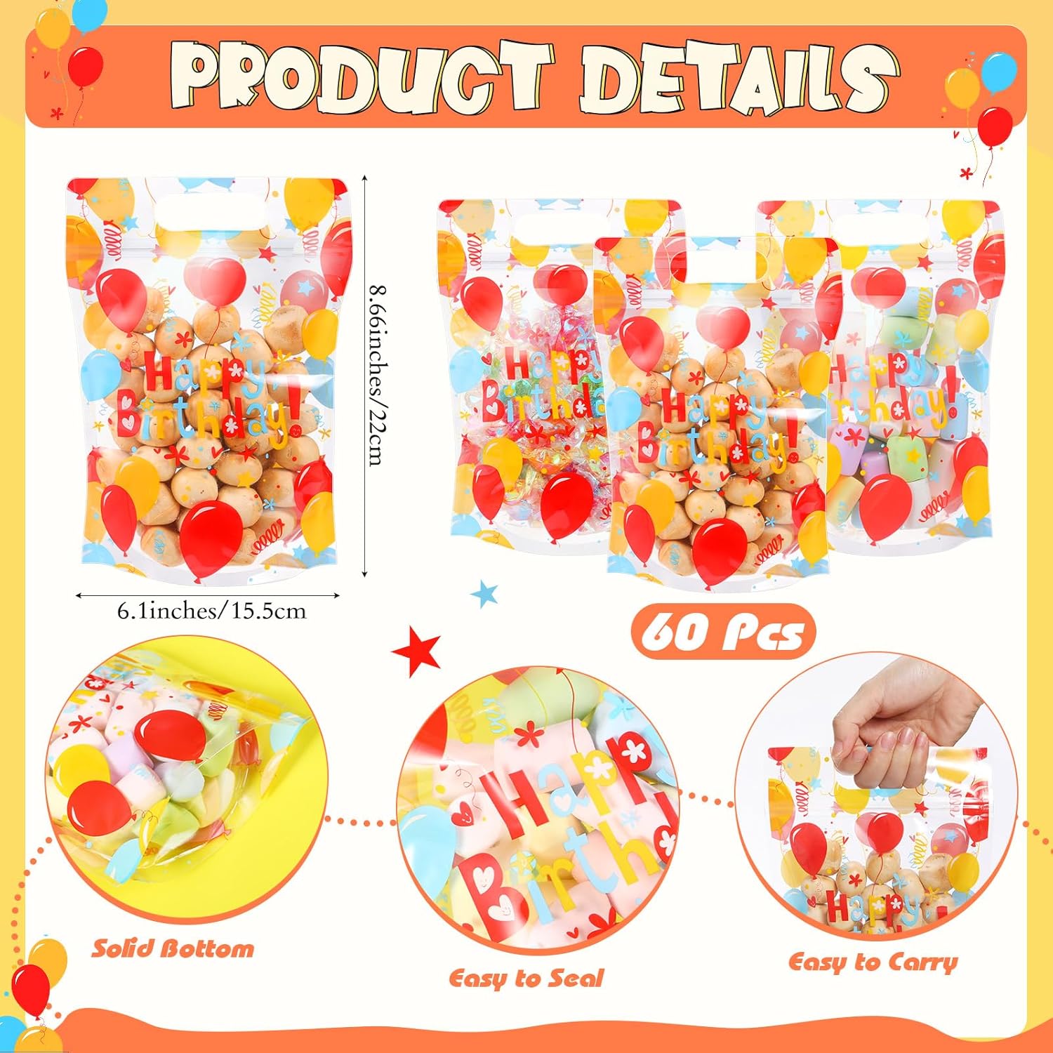 Teenyyou 60 Pcs Happy Birthday Sealing Gift Bags Plastic Colorful Balloon Pattern Zip Closure Bags with Handles for Candy Treat Goodie Cookie Wrapping Birthday Party Favors Supplies - Image 3