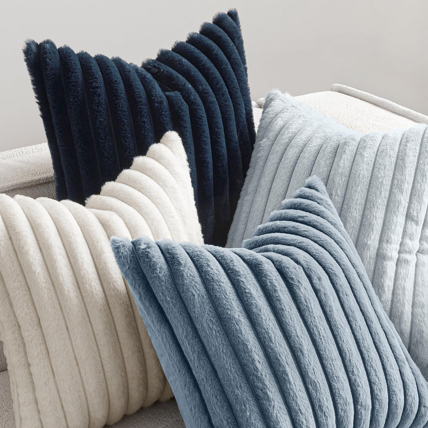 MIULEE Faux Fur Plush Decorative Throw Pillow Covers 18x18 Set of 4, Summer Modern Soft Fuzzy Coastal Striped Cushion Covers for Sofa Couch Bed Living Room Cozy Home Decor,Navy Blue - Image 6