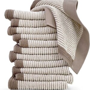 Cleanbear Wash Cloths 12 Pack, Jacquard Weaved Cotton Washcloth for Body and Face, 13.5 by 13 Inches Soft Face Towels for Sensitive Skin (Light-Brown)