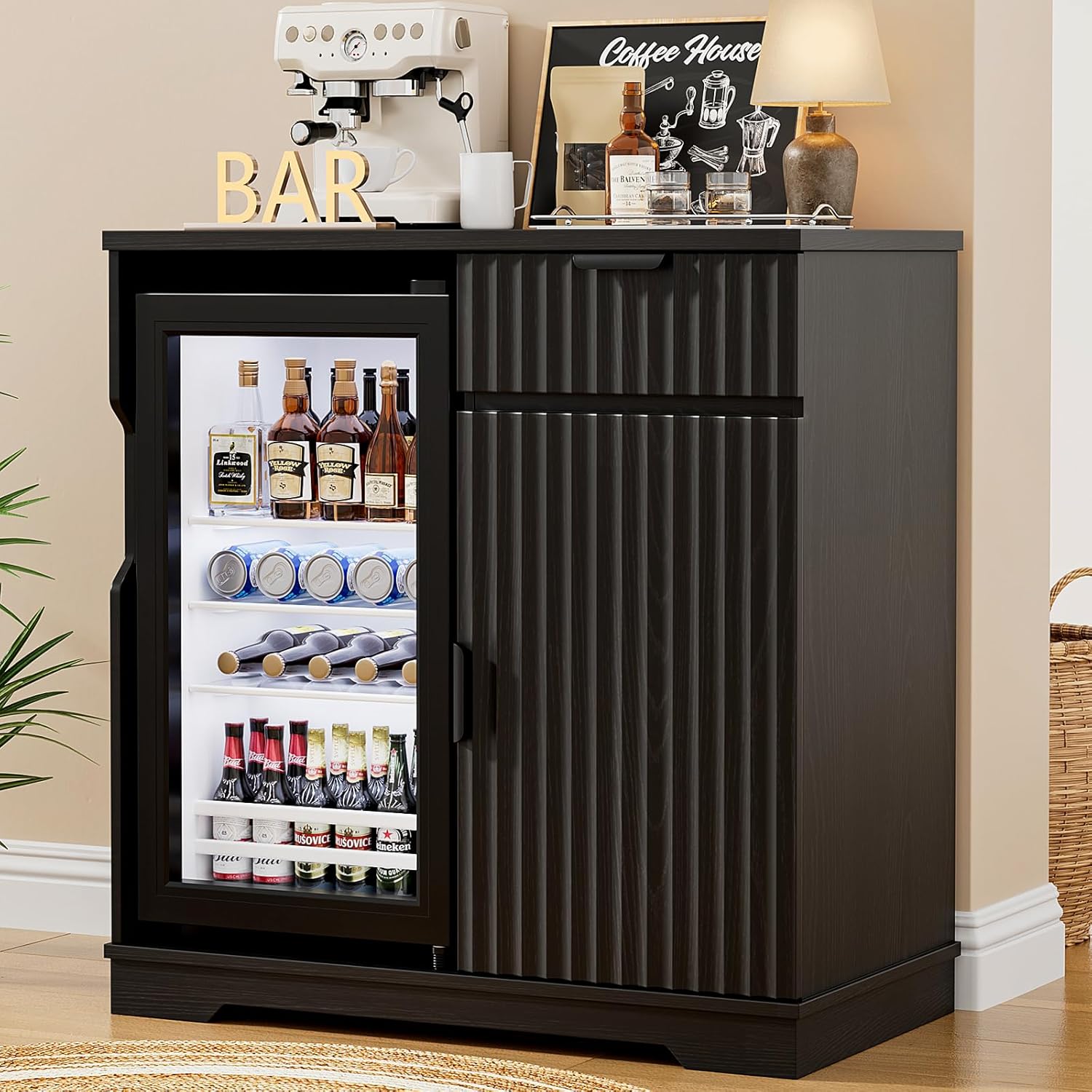 Mini Fridge Cabinet (Fridge Included), Fluted Coffee Bar Cabinet with Refrigerator, Pull Out Drawer & Storage Cabinets, 31.5" Liquor Wine Bar Cabinet for Home, Kitchen, Dining Room, Blac - Image 2