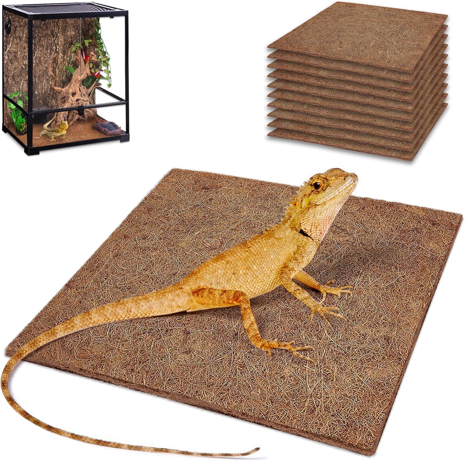 ZeeDix 10 Pcs Reptile Carpet, 12X12 inch Natural Coconut Fiber Liner Mat Flooring Accessories for Reptile Tank - Bearded Dragon Tortoise Lizard Turtle Snake Leopard Gecko Substrate Bedding - Image 2