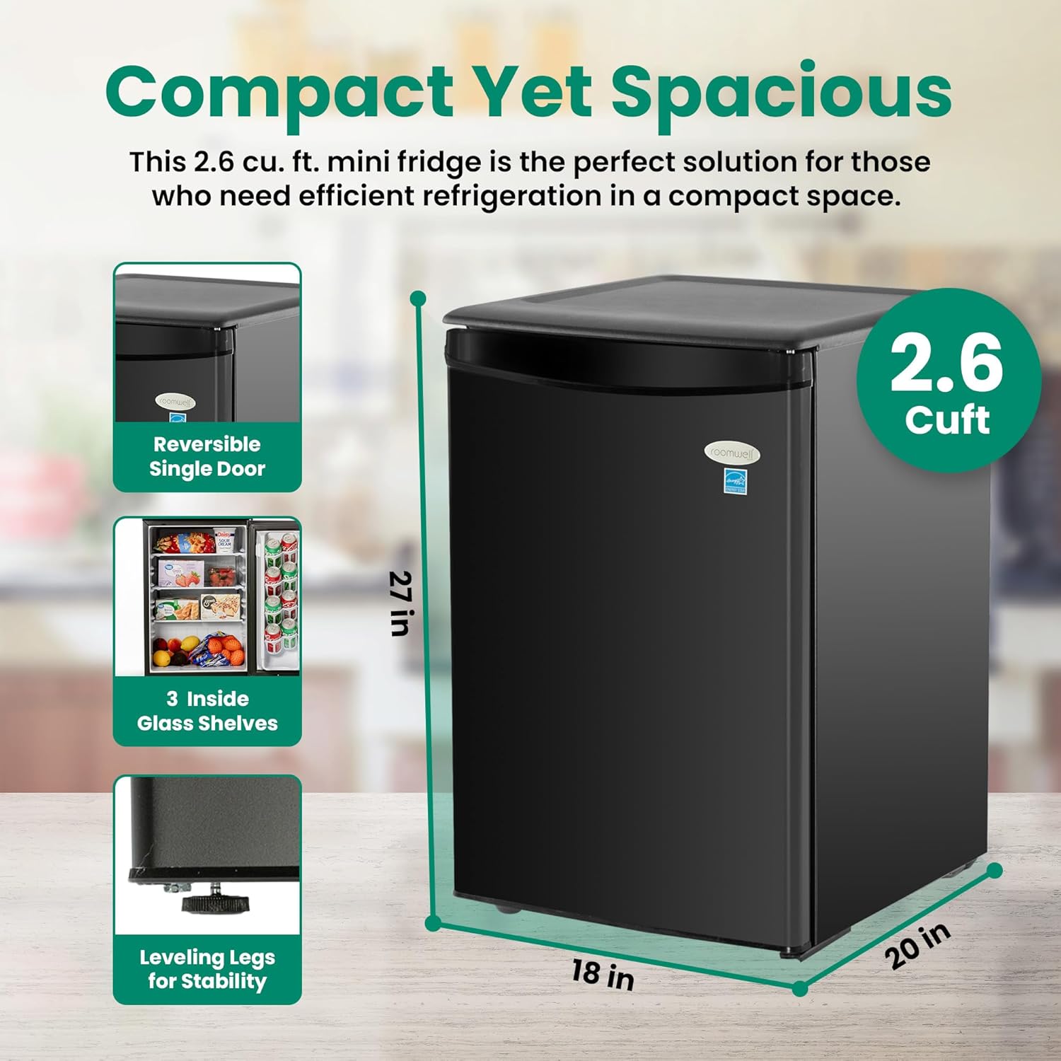 roomwell E-Star 2.6 Cu Ft Mini Fridge without Freezer - Black Mini Fridge AUTO DEFROST, Reversible Single Door, Glass Shelf Refrigerator - A Space-Saving Marvel for Your Bedroom, Dorm, and Office - Image 3
