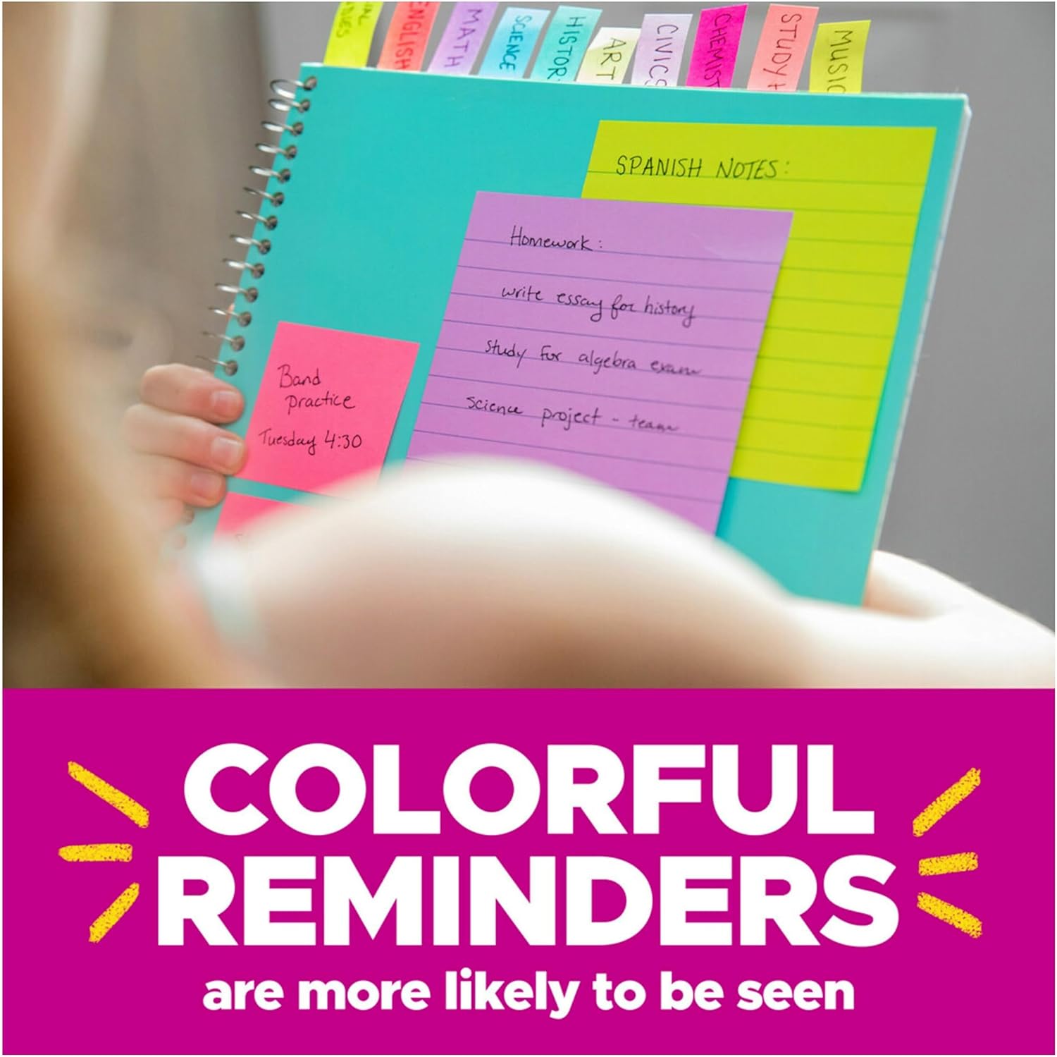 Post-it Super Sticky Notes, 5 Sticky Note Pads, 3 x 3 in., School Supplies and Office Products, Ideal for Textbooks, Notebooks, Walls and Vertical Surfaces, Playful Primaries Collection - Image 7