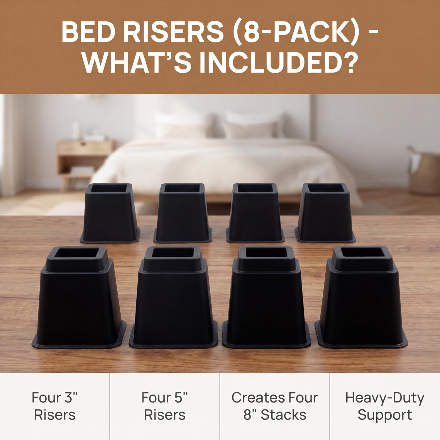 Bed Risers 8-Pack - Stackable Furniture Lifts for 3, 5 or 8 Inch Adjustable Height, 2200 Lbs Capacity Black Square Sofa and Desk Elevators for Under Bed Storage - Image 3