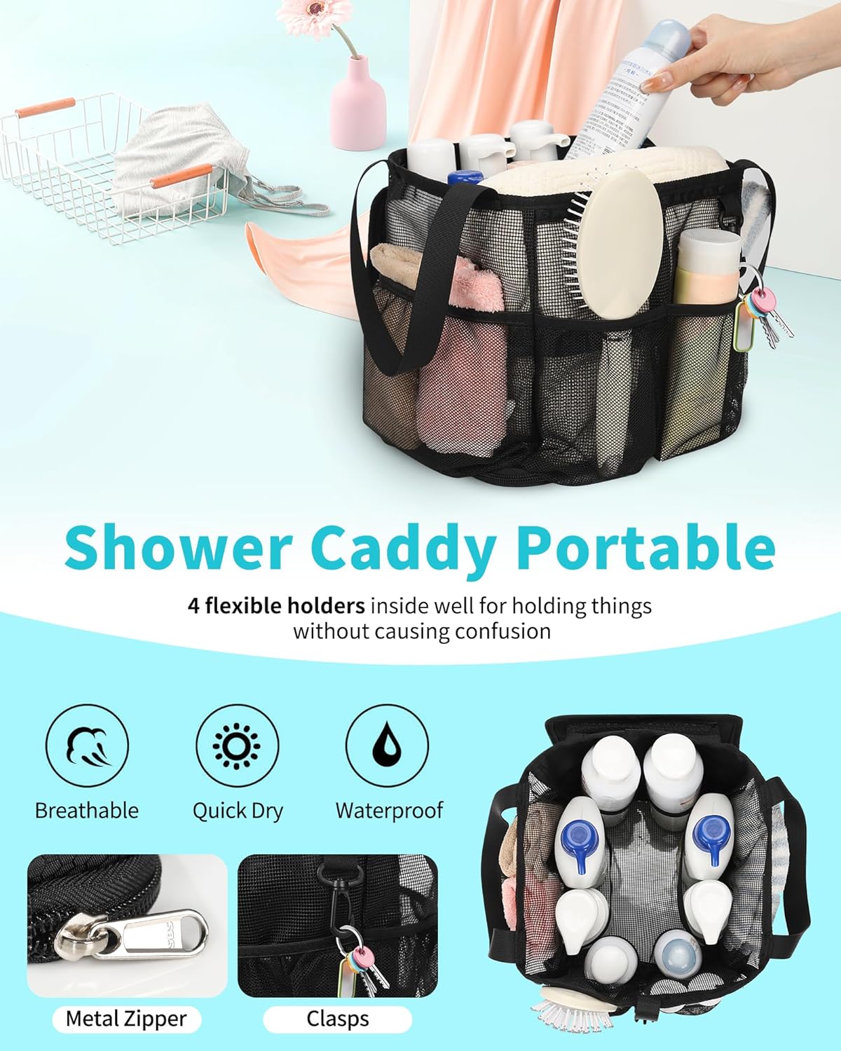 CUBETASTIC Mesh Shower Caddy Portable - Large Capacity Shower Tote for College Dorm Essentials, Bathroom, Gym, Camping, 360° Hanging Hook & 4 Pockets Travel Toiletry Bag (A# Black, 8.6"×8.6"×9.8") - Image 3