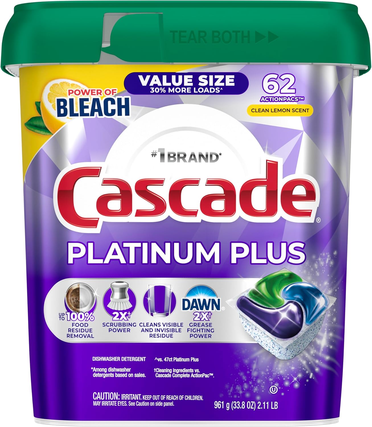Cascade Platinum Plus Dishwasher Pods, Dish Detergent Soap, Clean Lemon Scent, 62 Count - Image 2