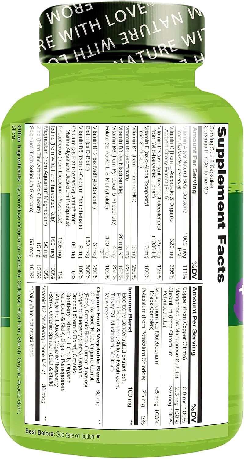 NATURELO Whole Food Multivitamin + Immune Blend with Elderberry & Mushrooms - Complete Multivitamin with Extra Immune Support - C, D3, Zinc, Elderberry, Reishi, Shitake - 60 Vegan Capsules - Image 9