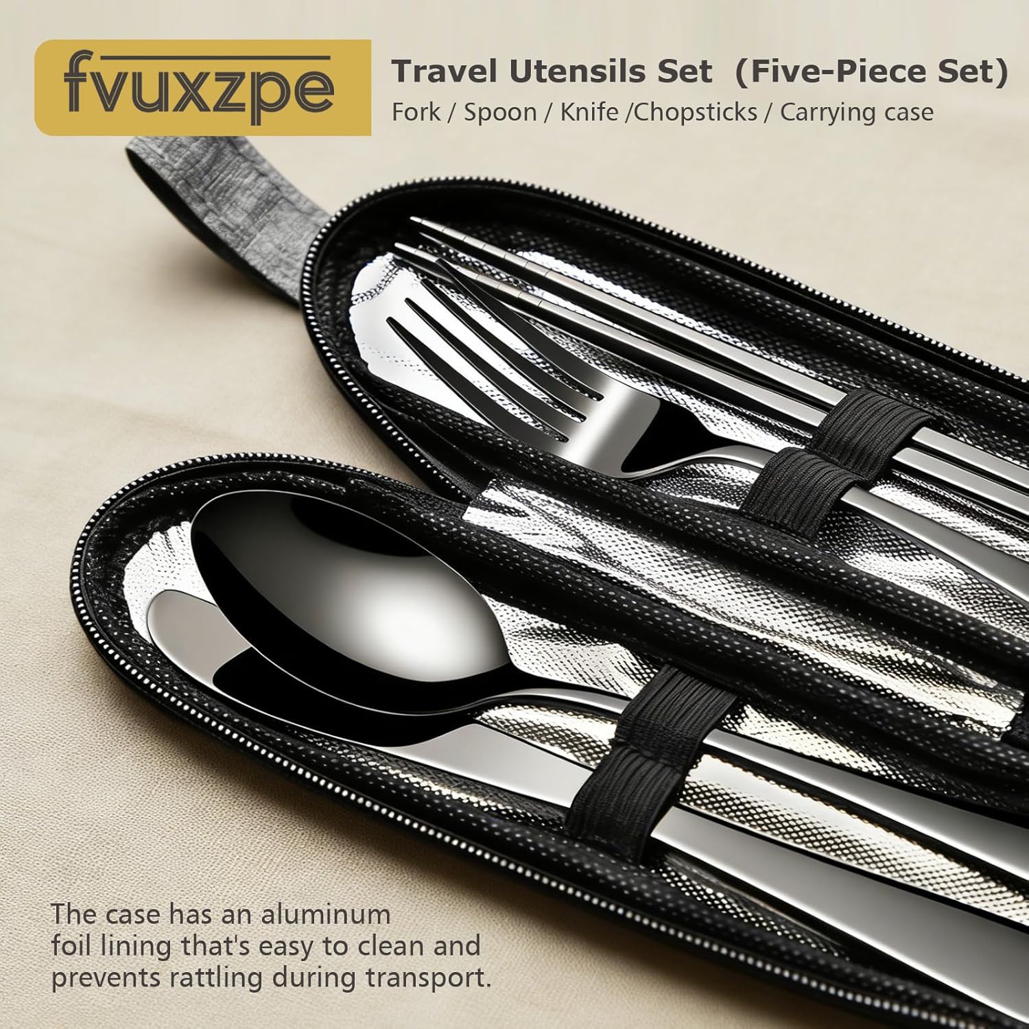 Matte Black 5-Piece Stainless Steel Travel Utensil Set with Waterproof Case, Reusable Portable Flatware Includes Knife, Fork, Spoon, Chopsticks for Camping, Office, Picnic & Daily Use - Image 2