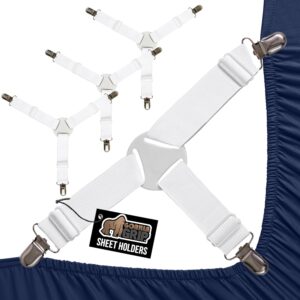 GORILLA GRIP Patented Bed Sheet Holders, Adjustable Elastic Fasteners with Metal Clips, Keep in Place Fitted Bedding Straps, Firm Tight Suspenders for Mattress, US Designed, 4 Pack White