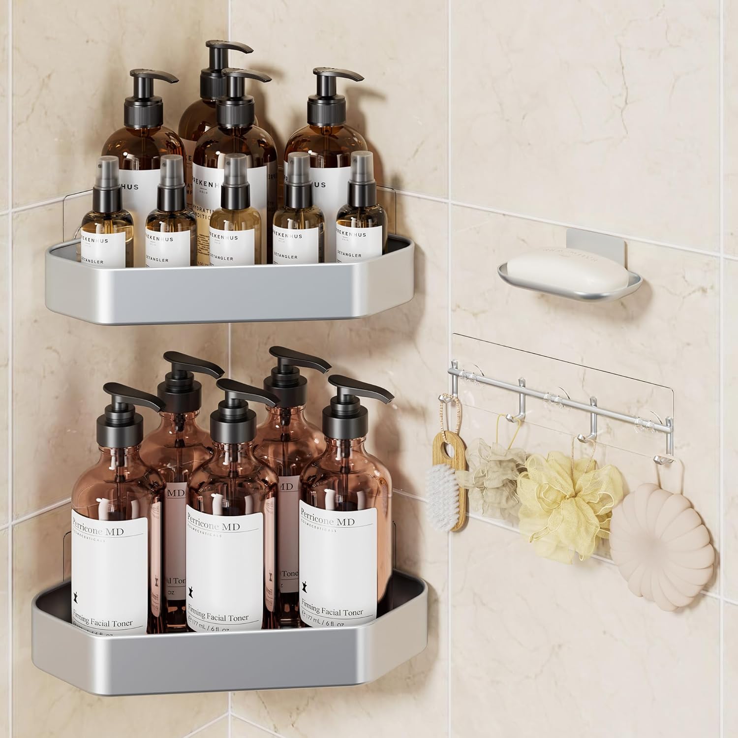 Veken Aluminum Corner Shower Caddy 4-Pack, Never Rust, No Drilling Adhesive Shelves, Stainless Rack with Soap Holder, Bathroom Organizers and Storage, Wall-Mounted Kitchen & Home Decor, Silver - Image 2